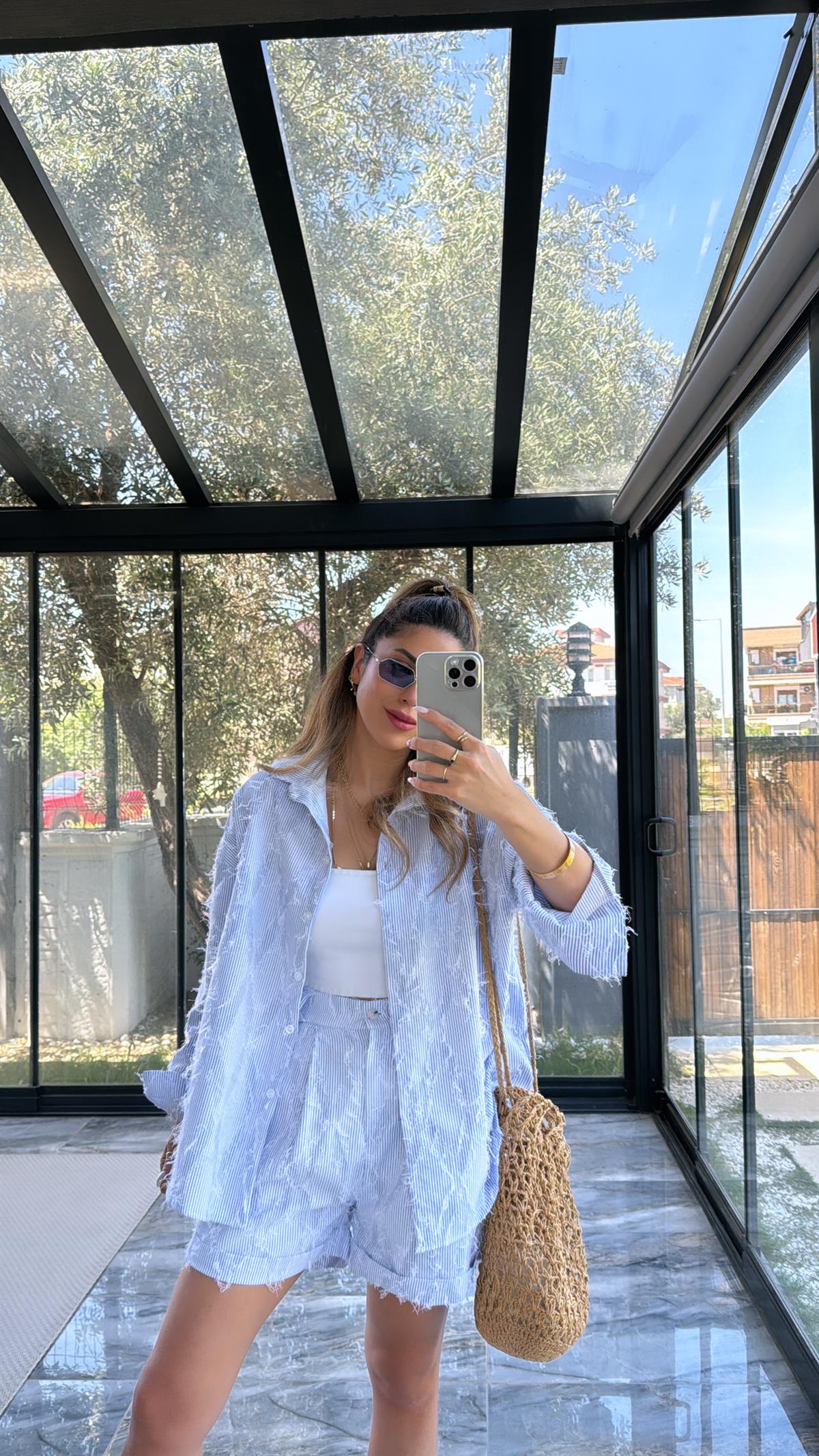 Mavi Çizgili Püsküllü Şort Gömlek Takım