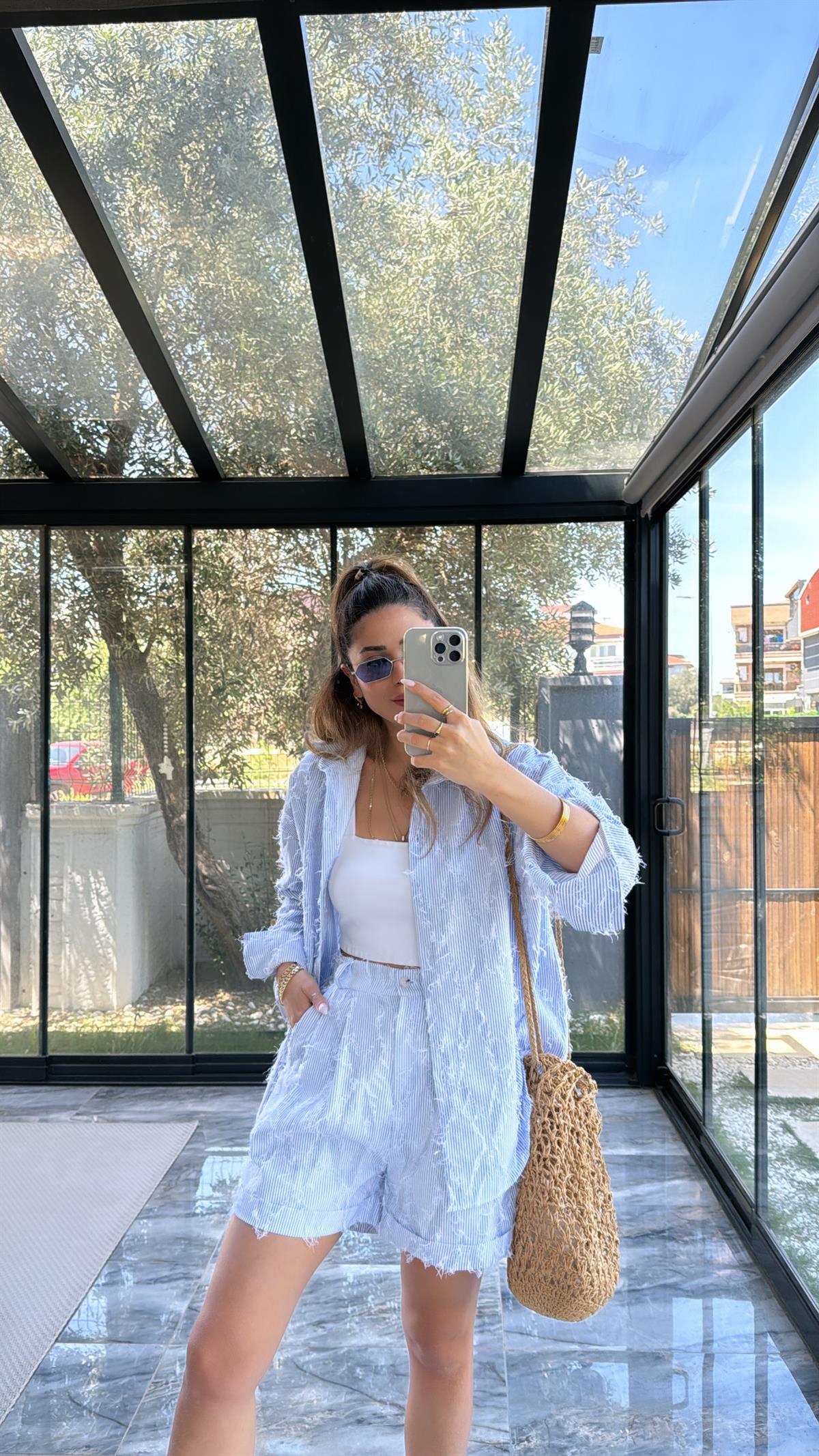 Mavi Çizgili Püsküllü Şort Gömlek Takım