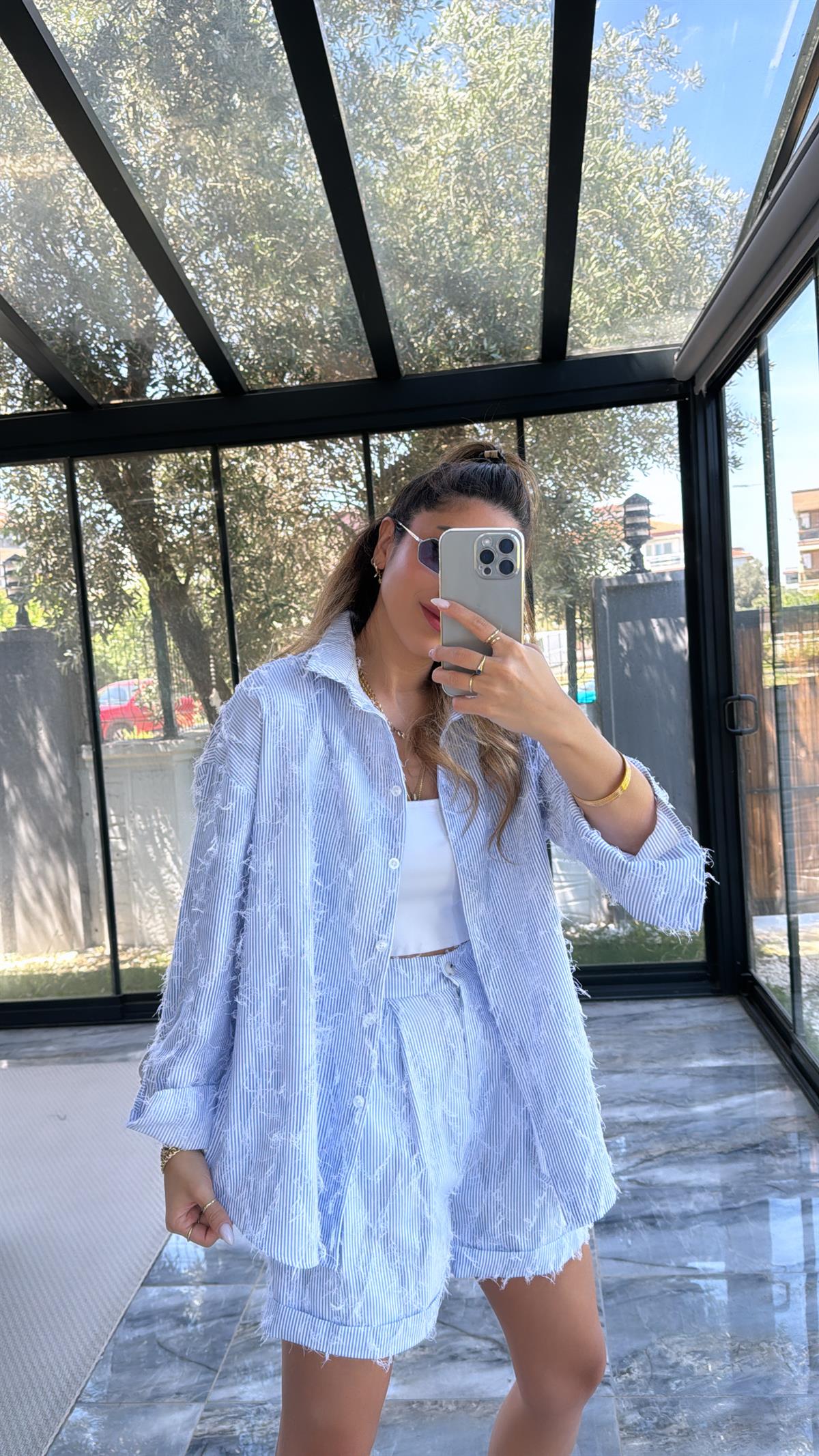 Mavi Çizgili Püsküllü Şort Gömlek Takım