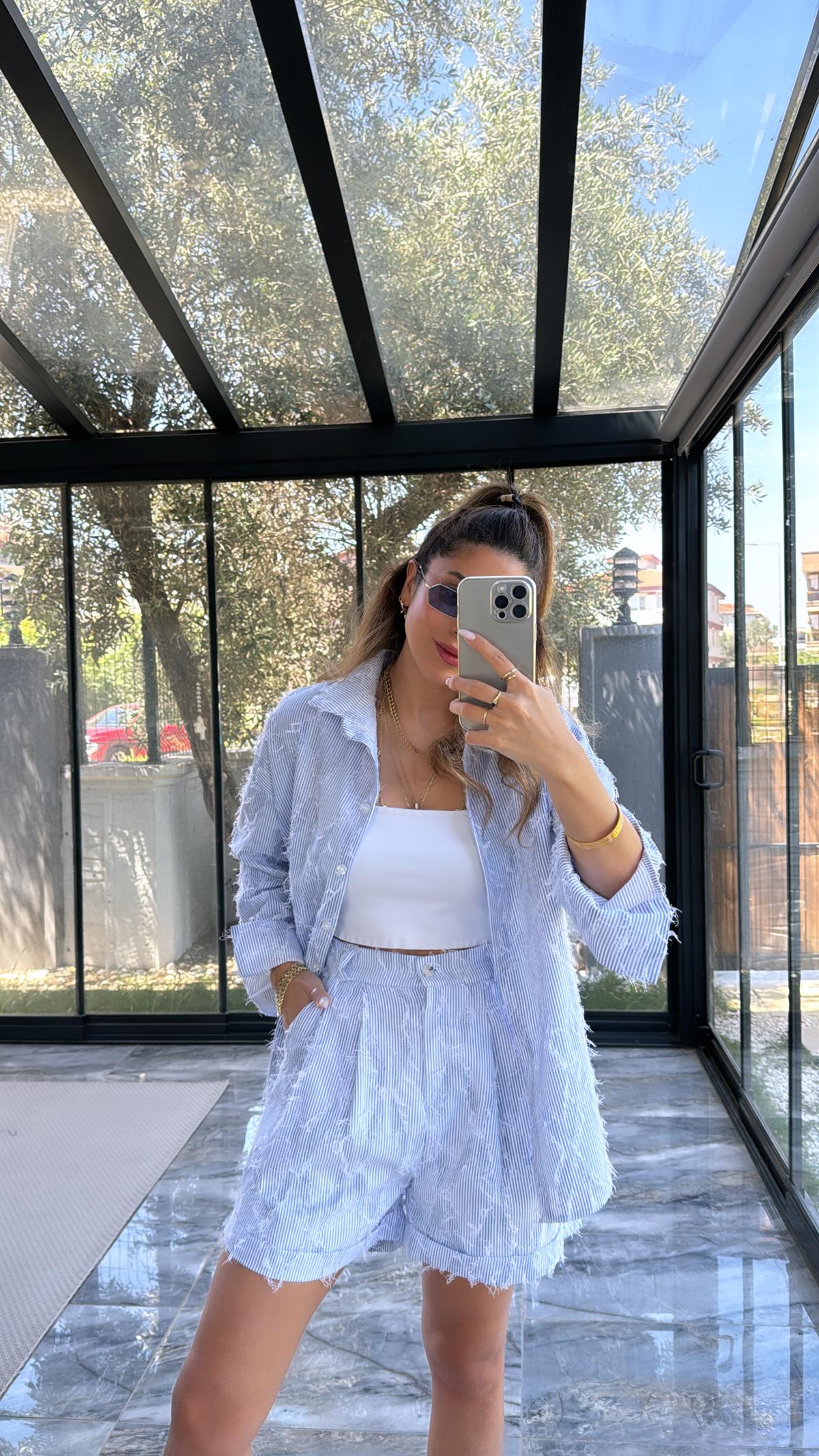 Mavi Çizgili Püsküllü Şort Gömlek Takım