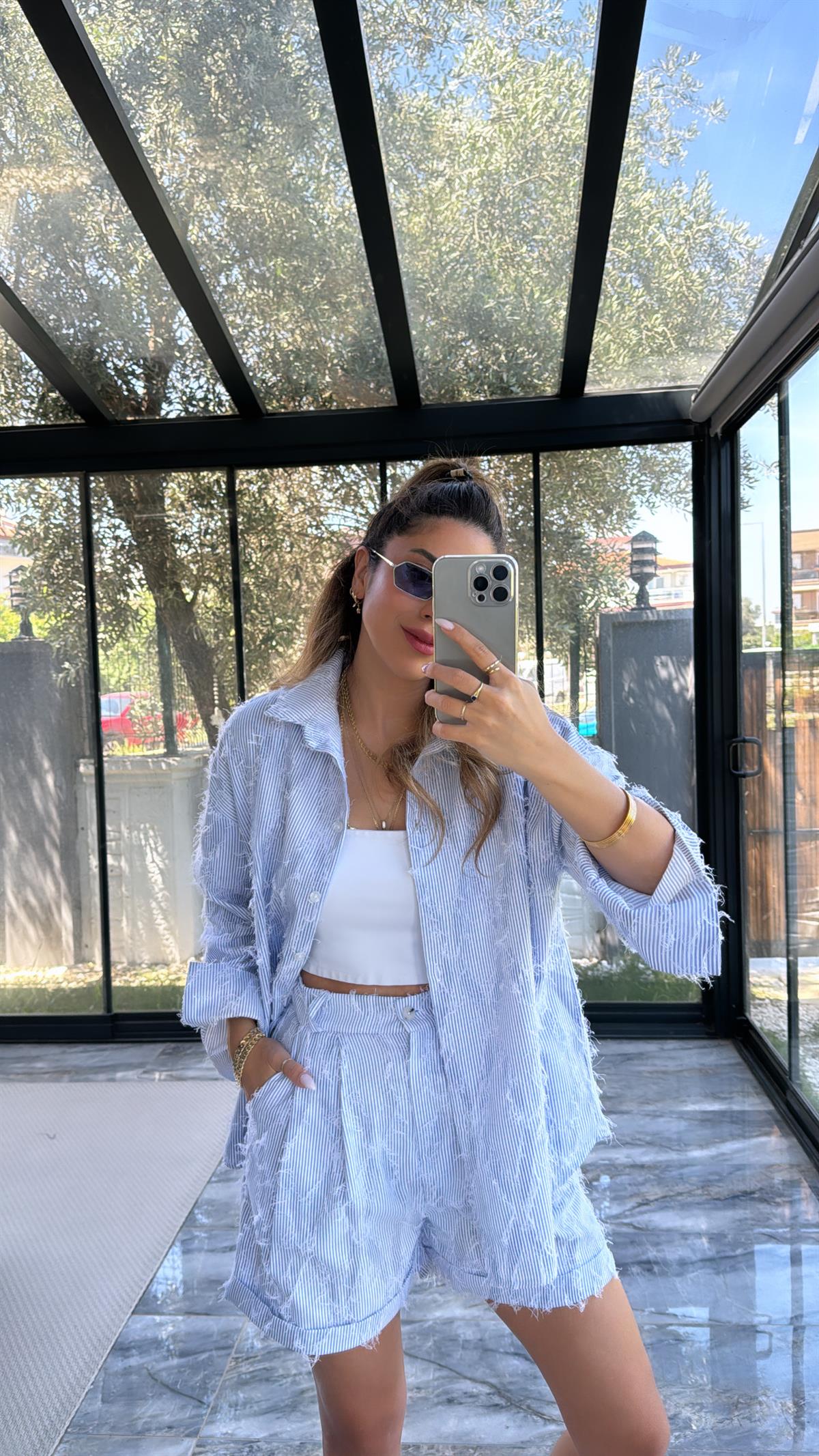 Mavi Çizgili Püsküllü Şort Gömlek Takım