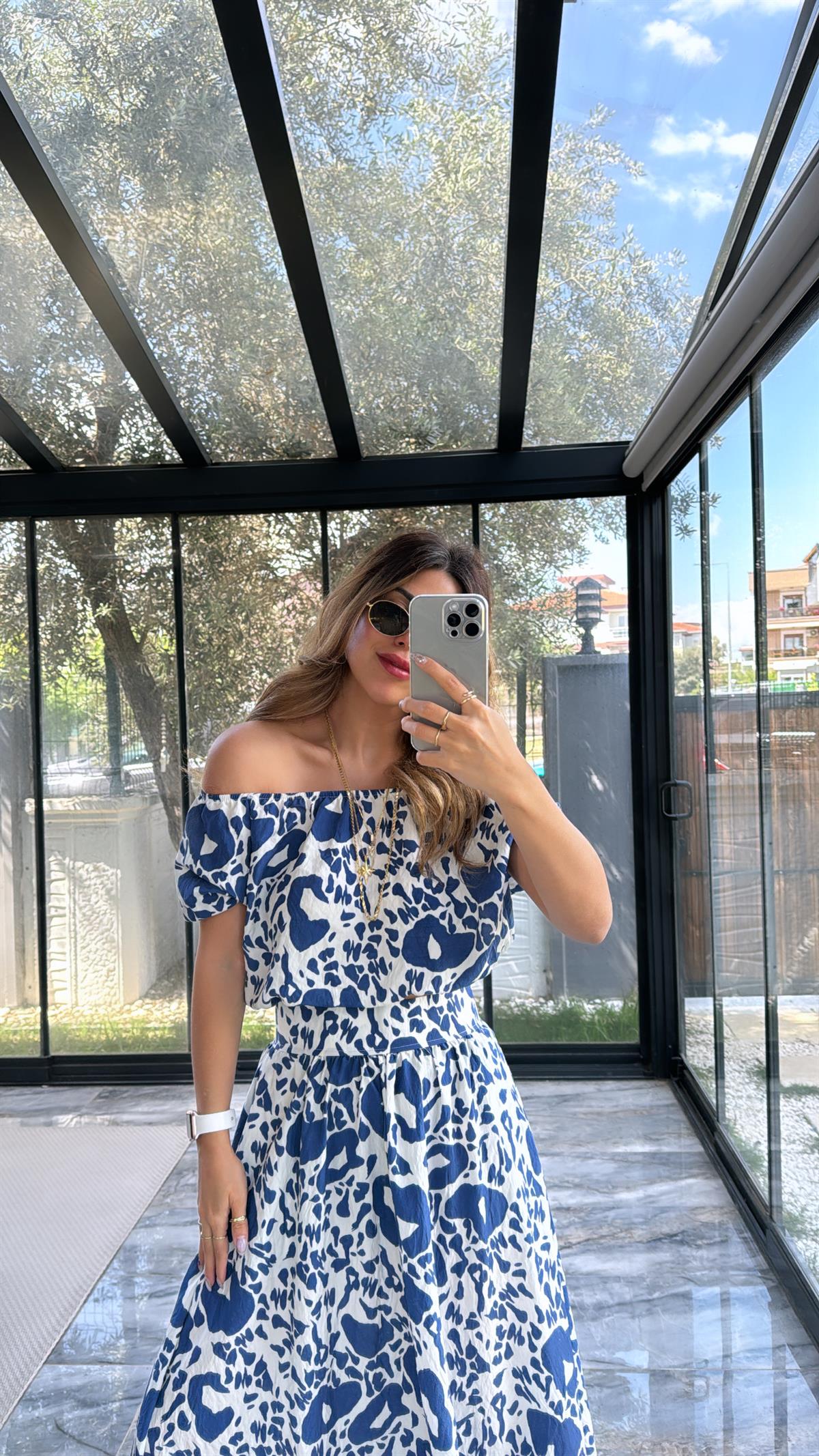 Mavi Desenli Etek Bluz Takım