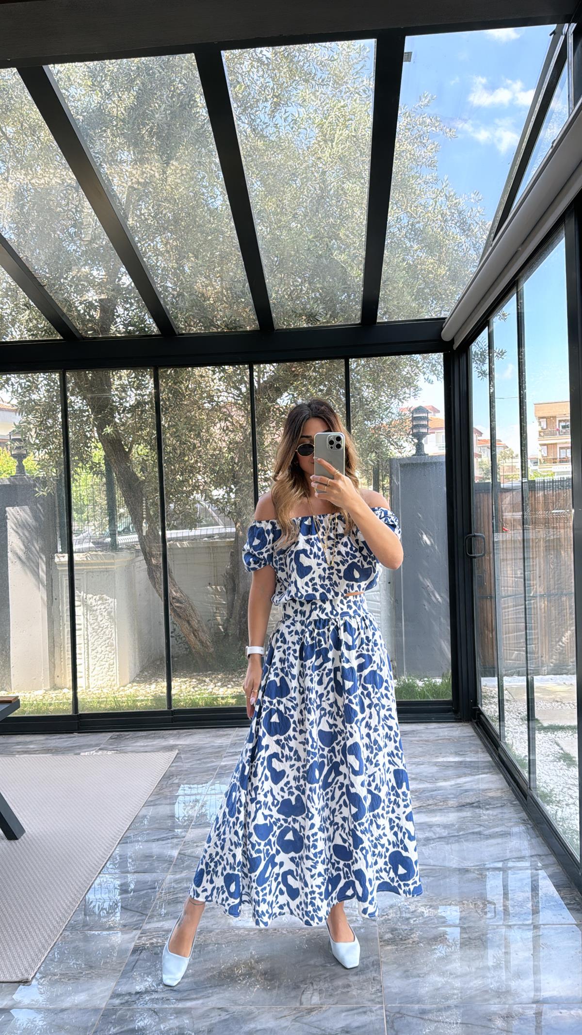 Mavi Desenli Etek Bluz Takım