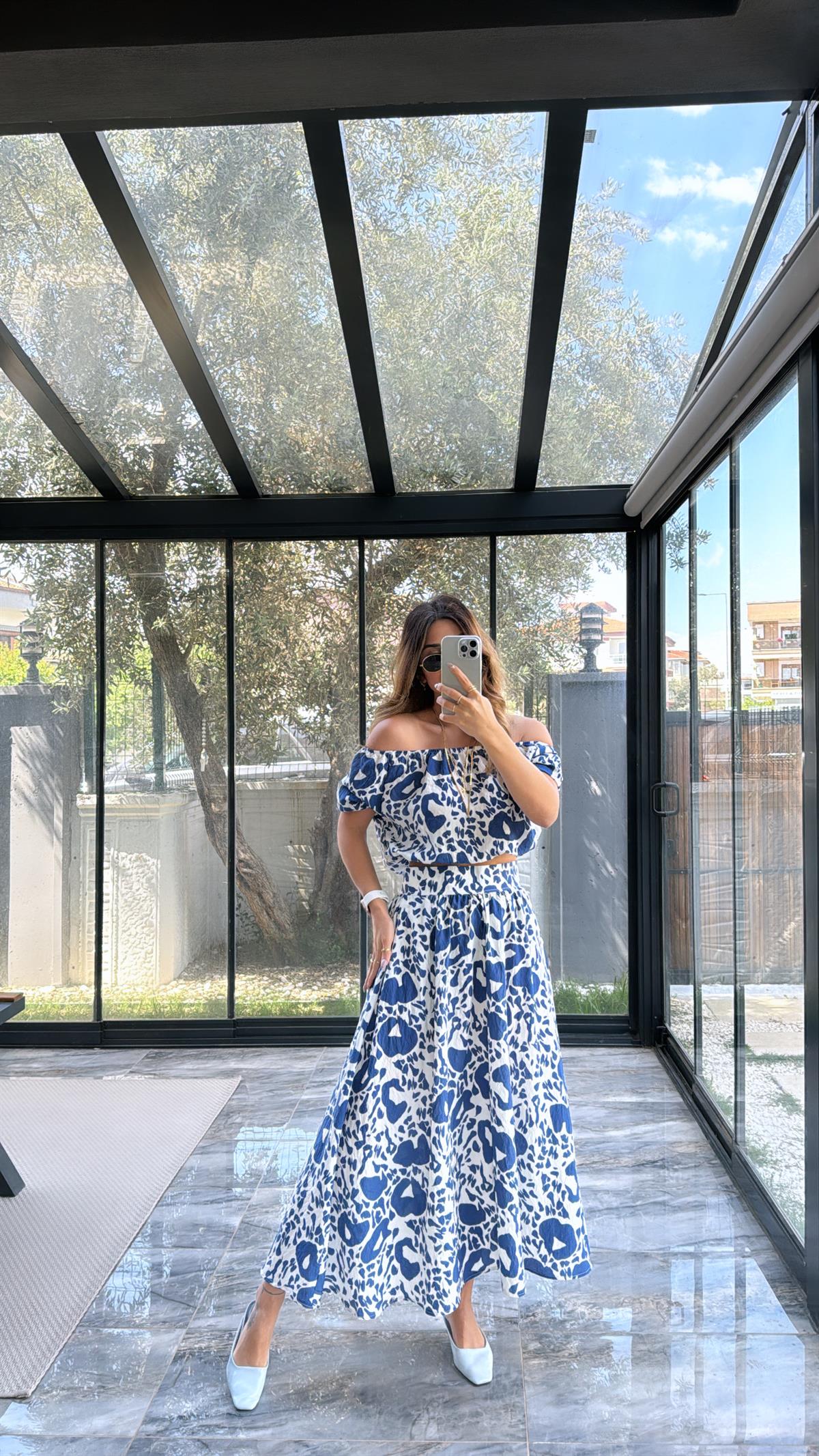 Mavi Desenli Etek Bluz Takım