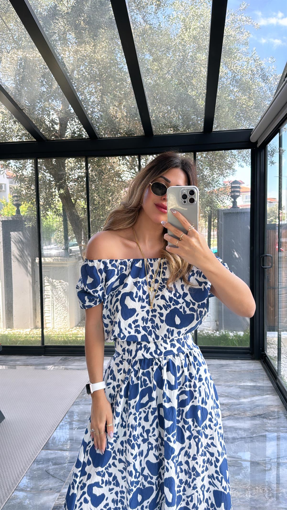 Mavi Desenli Etek Bluz Takım