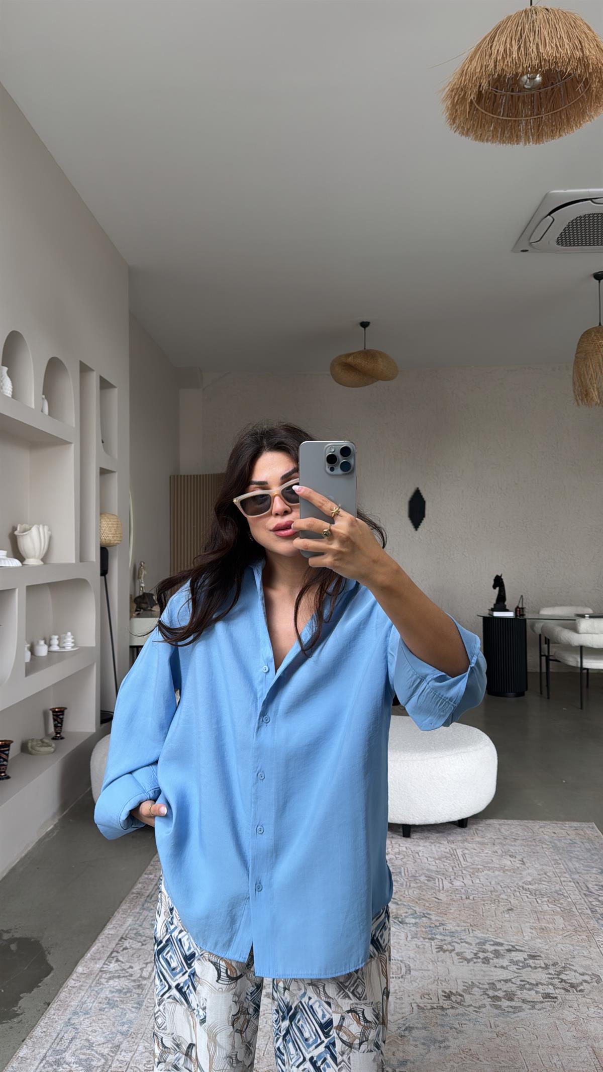 Mavi Dokuma Modal Gömlek