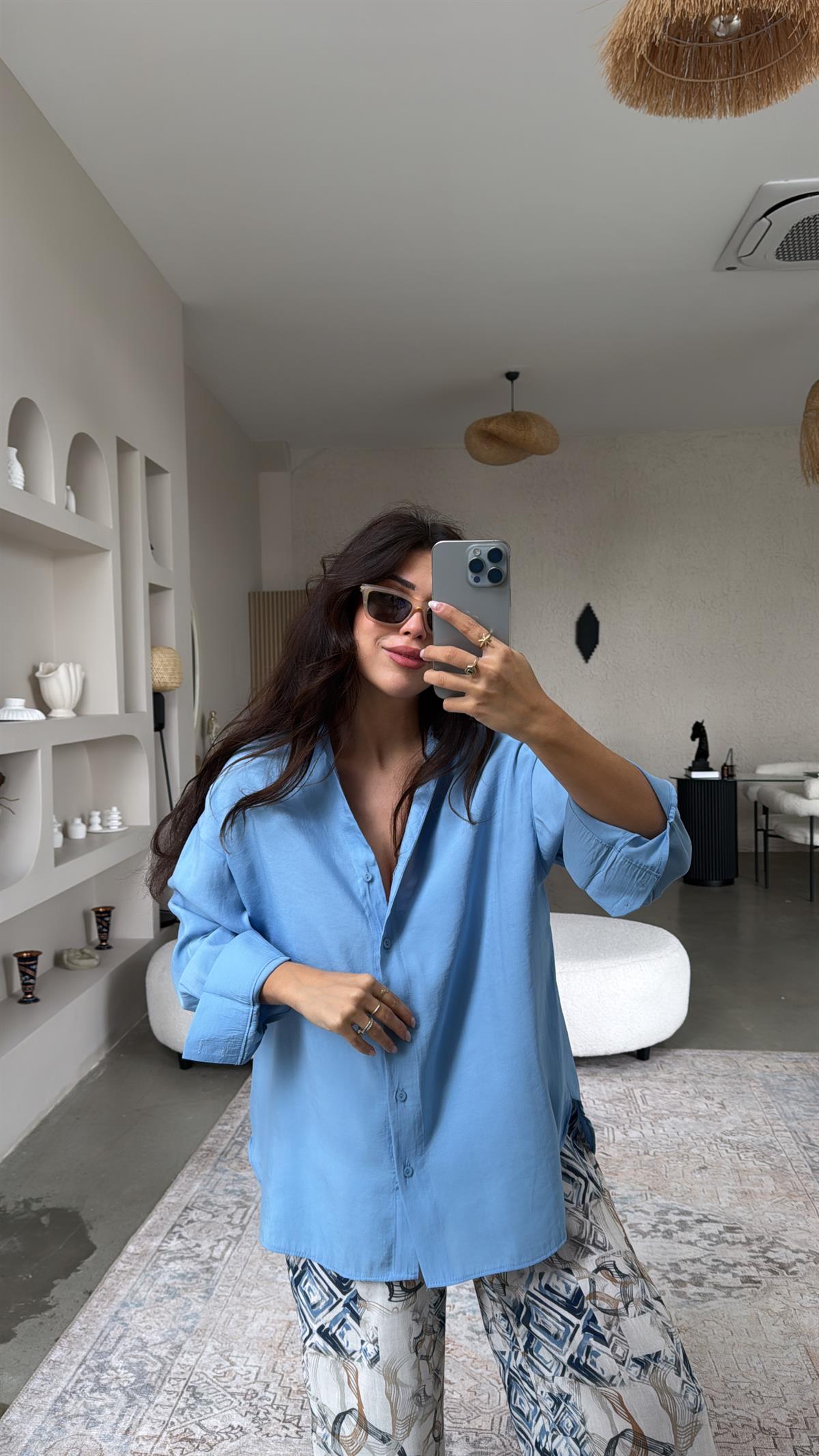 Mavi Dokuma Modal Gömlek