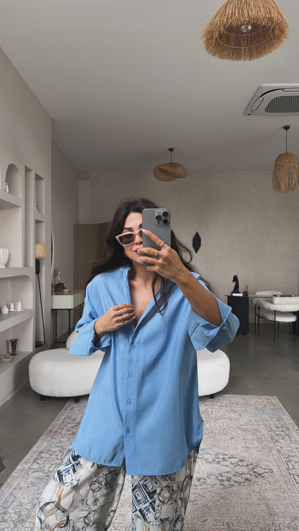 Mavi Dokuma Modal Gömlek