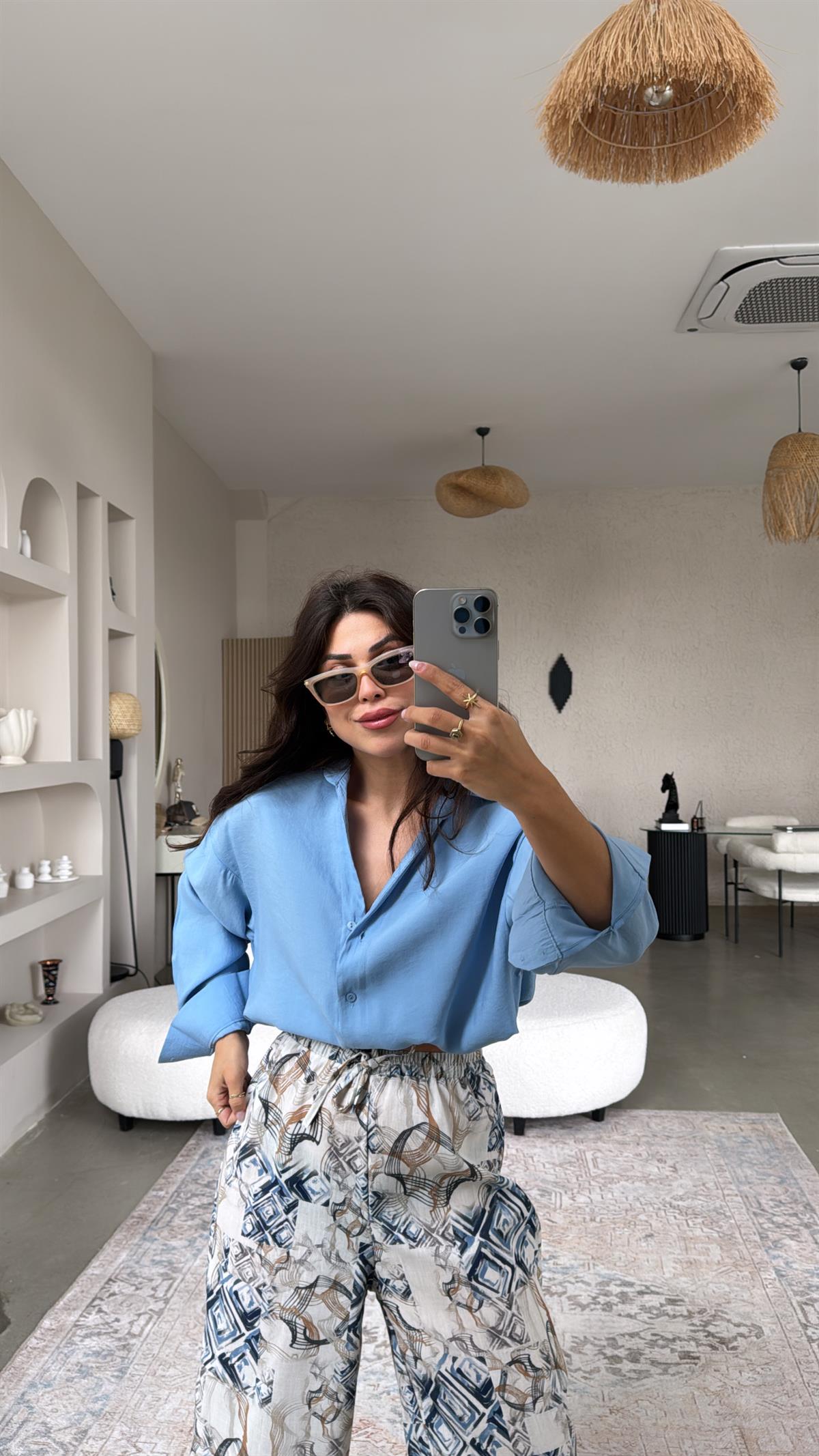 Mavi Dokuma Modal Gömlek