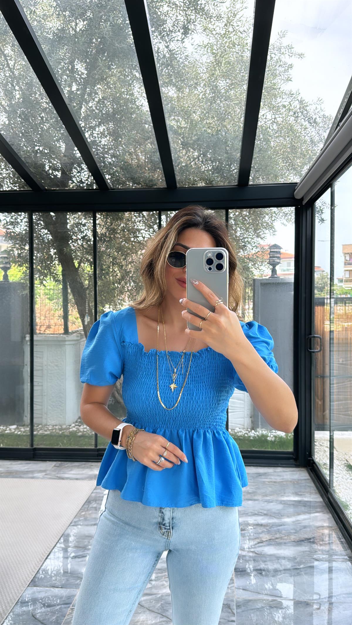 Mavi Gipeli İpek Bluz