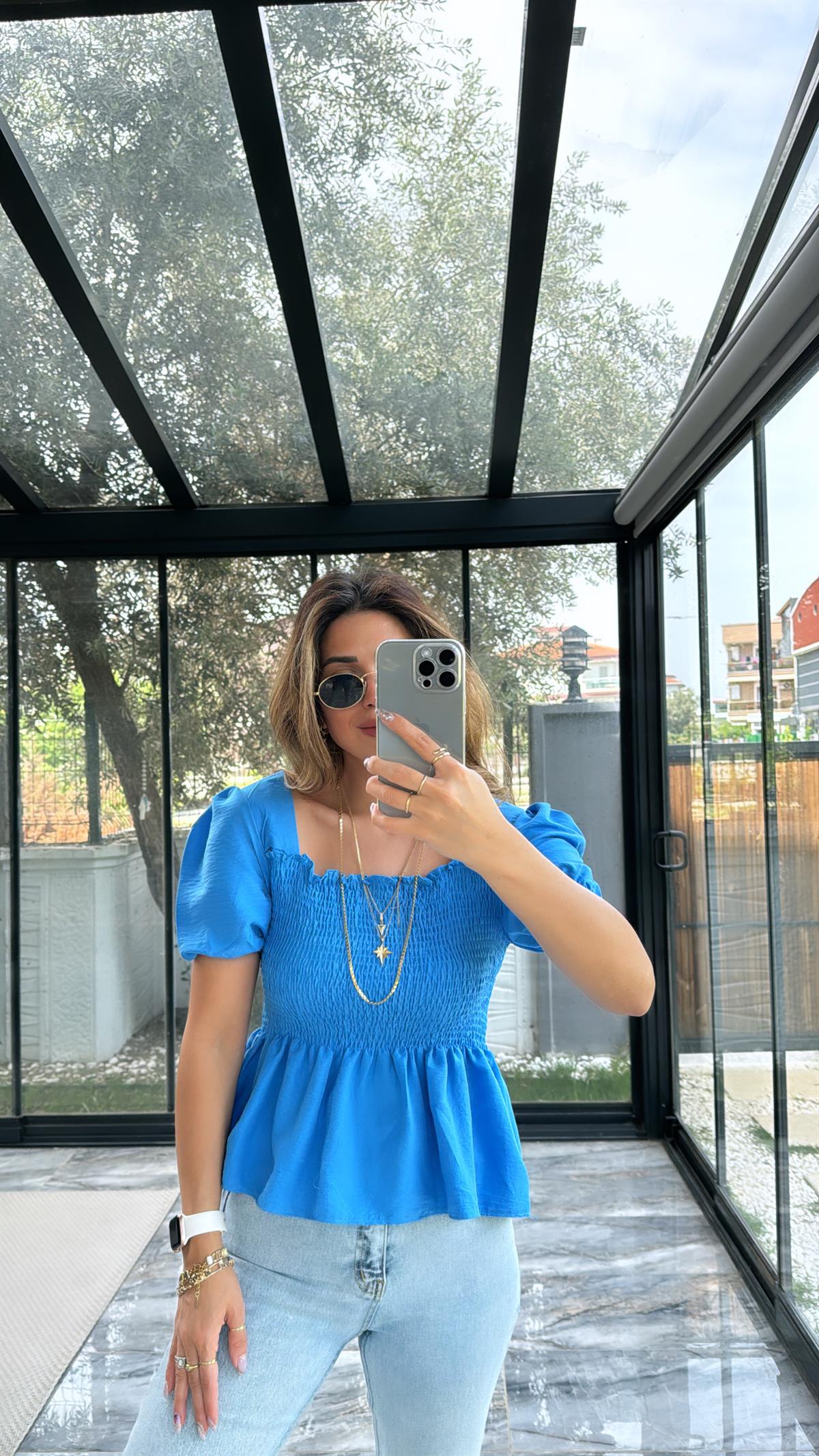 Mavi Gipeli İpek Bluz