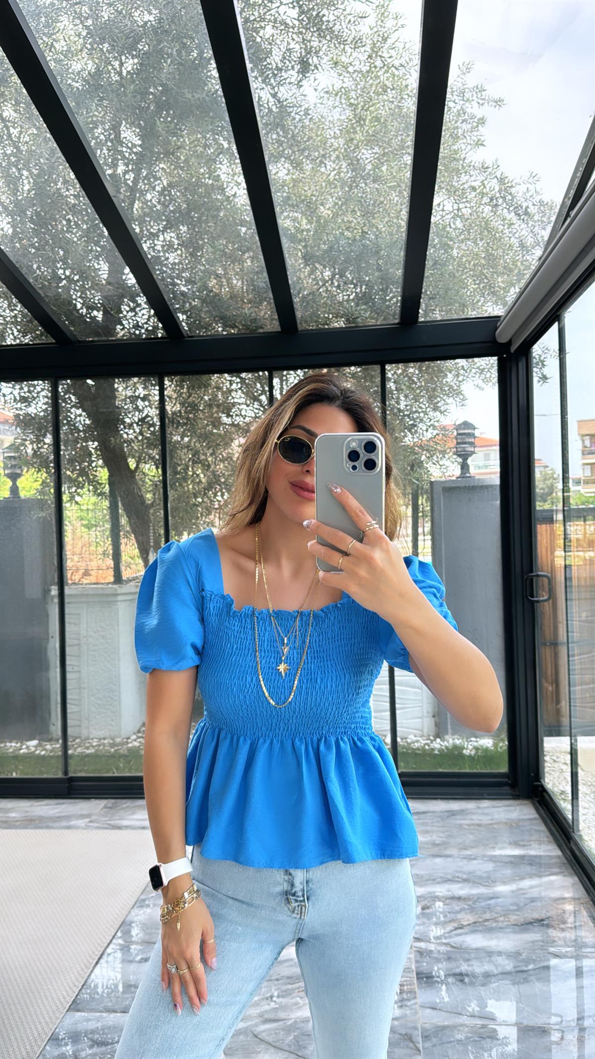 Mavi Gipeli İpek Bluz