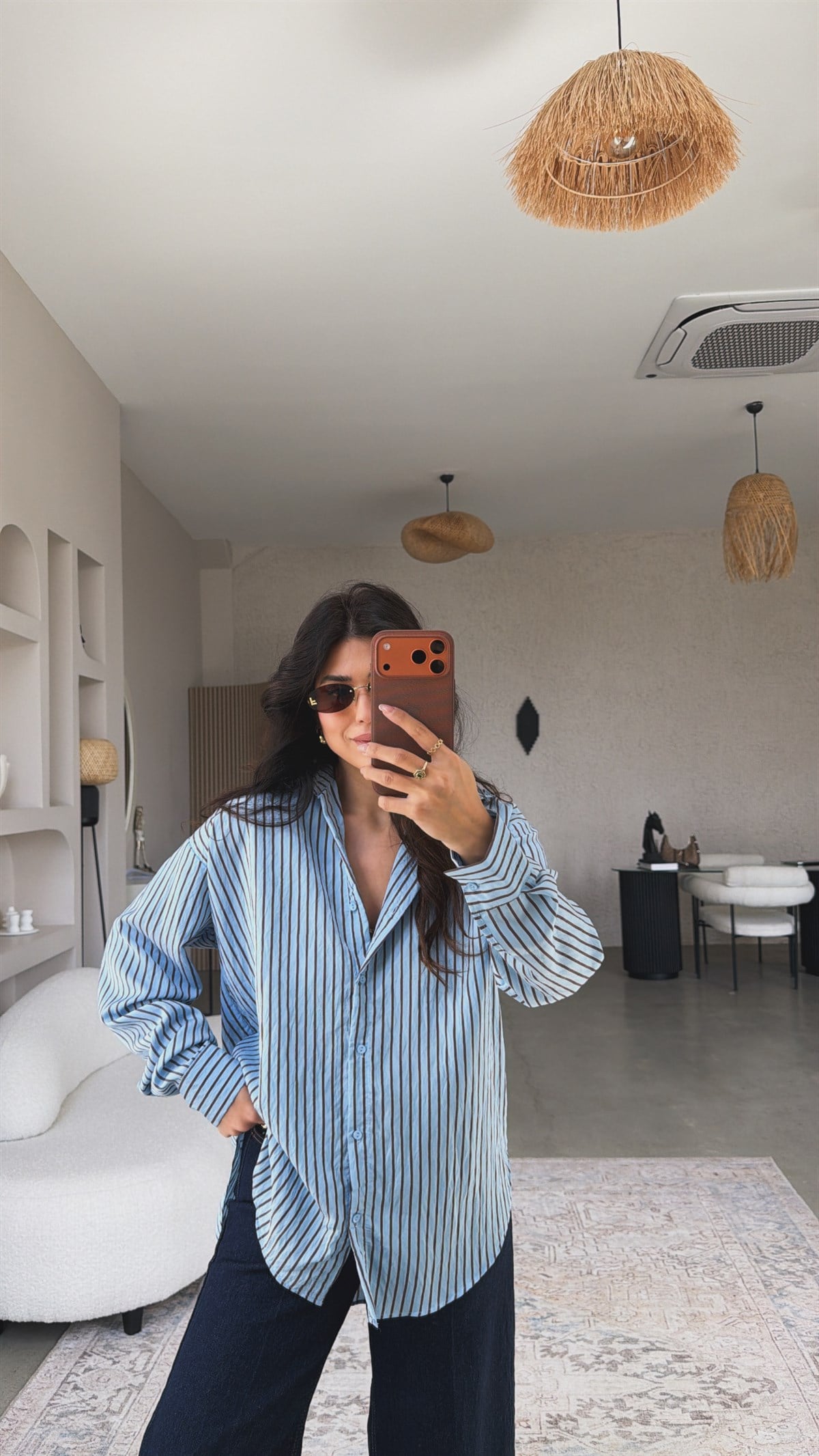 Mavi Kahve Çizgili Saten Gömlek