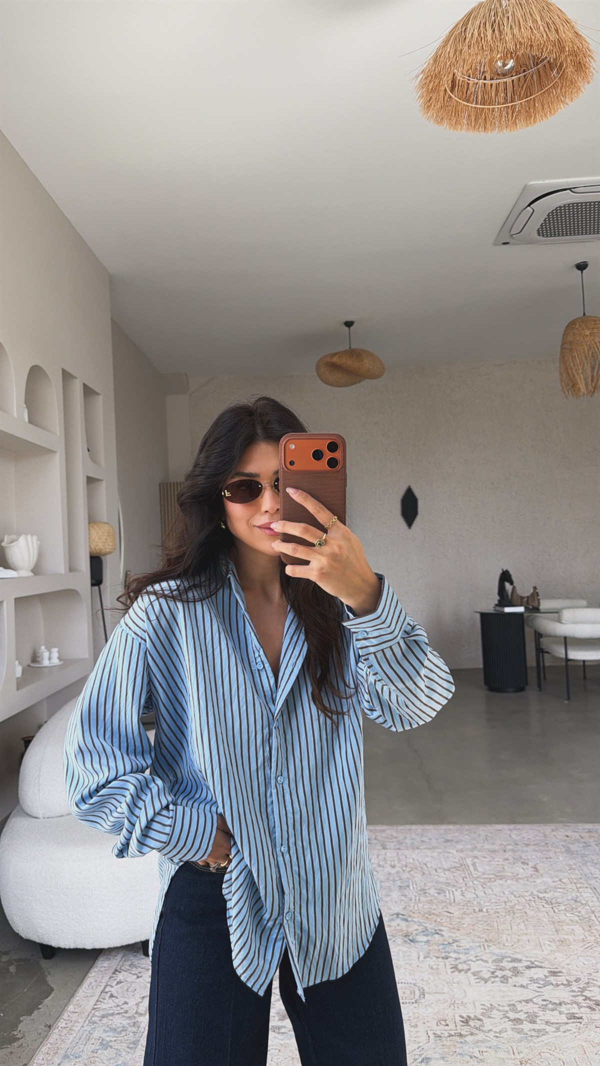 Mavi Kahve Çizgili Saten Gömlek