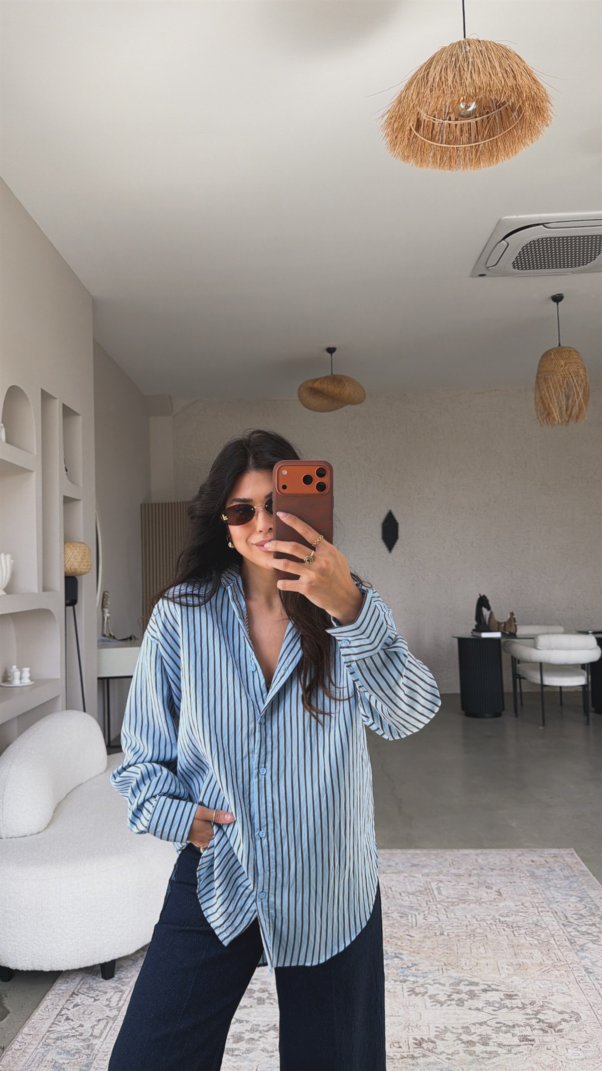 Mavi Kahve Çizgili Saten Gömlek