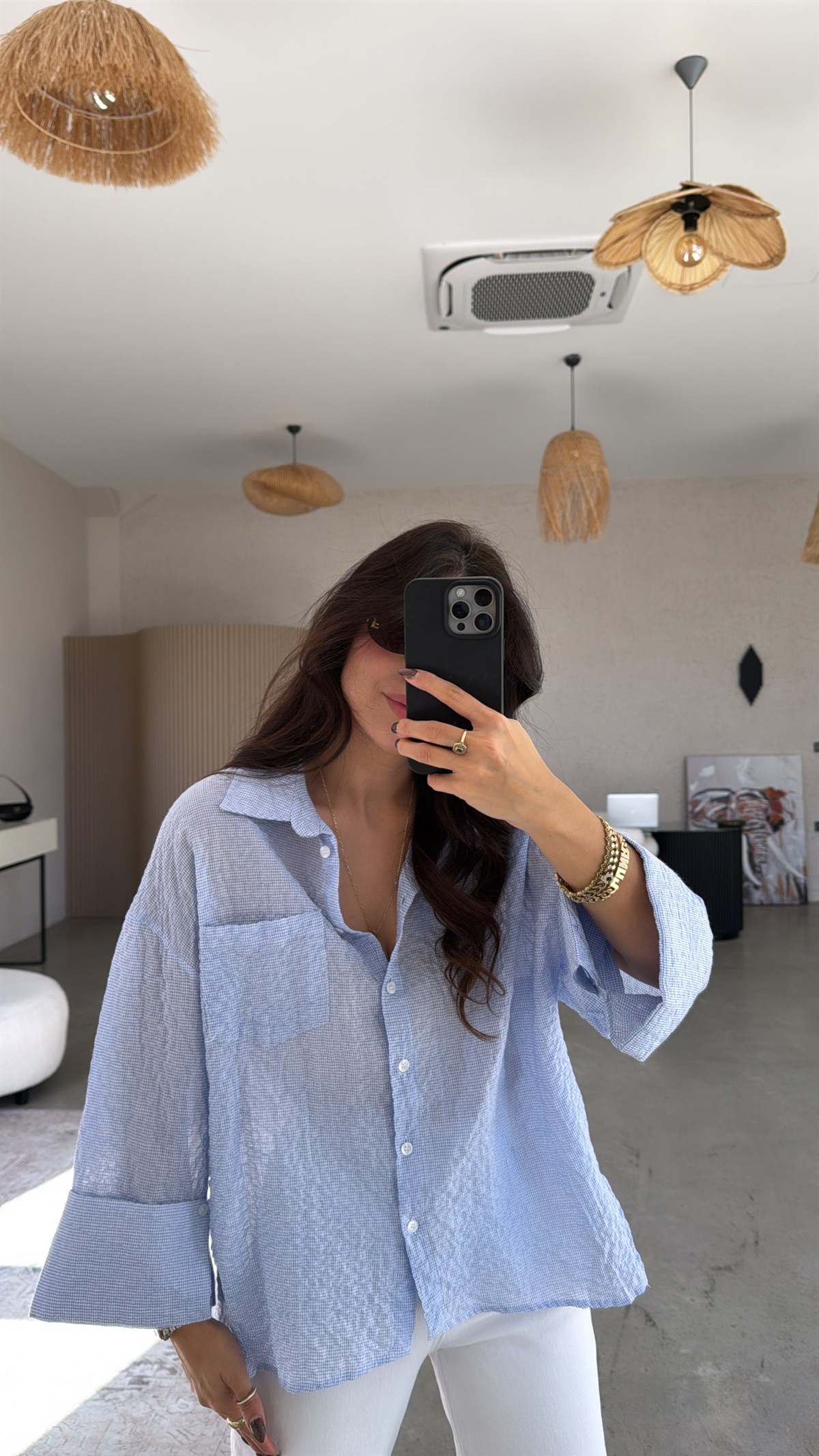 Mavi Mini Kareli Pamuk Dokuma Gömlek