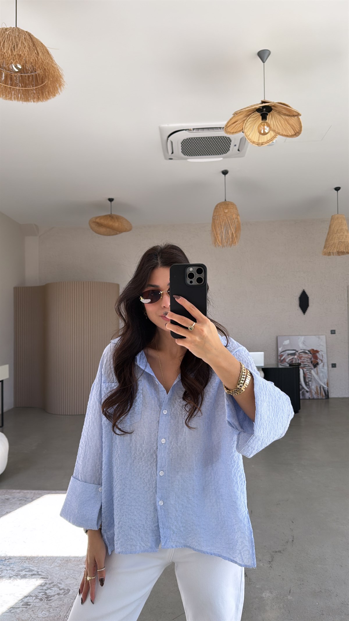 Mavi Mini Kareli Pamuk Dokuma Gömlek