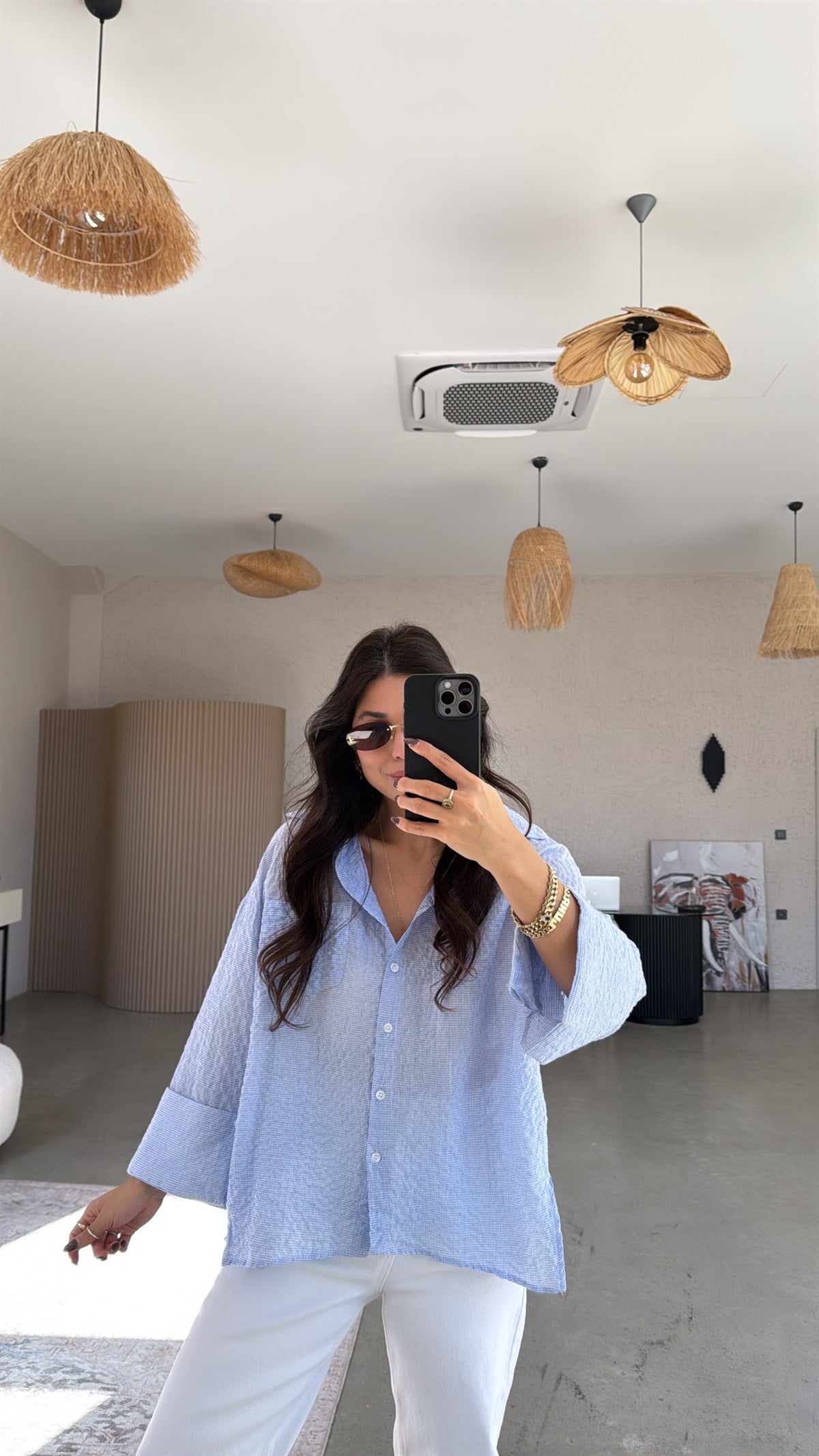 Mavi Mini Kareli Pamuk Dokuma Gömlek