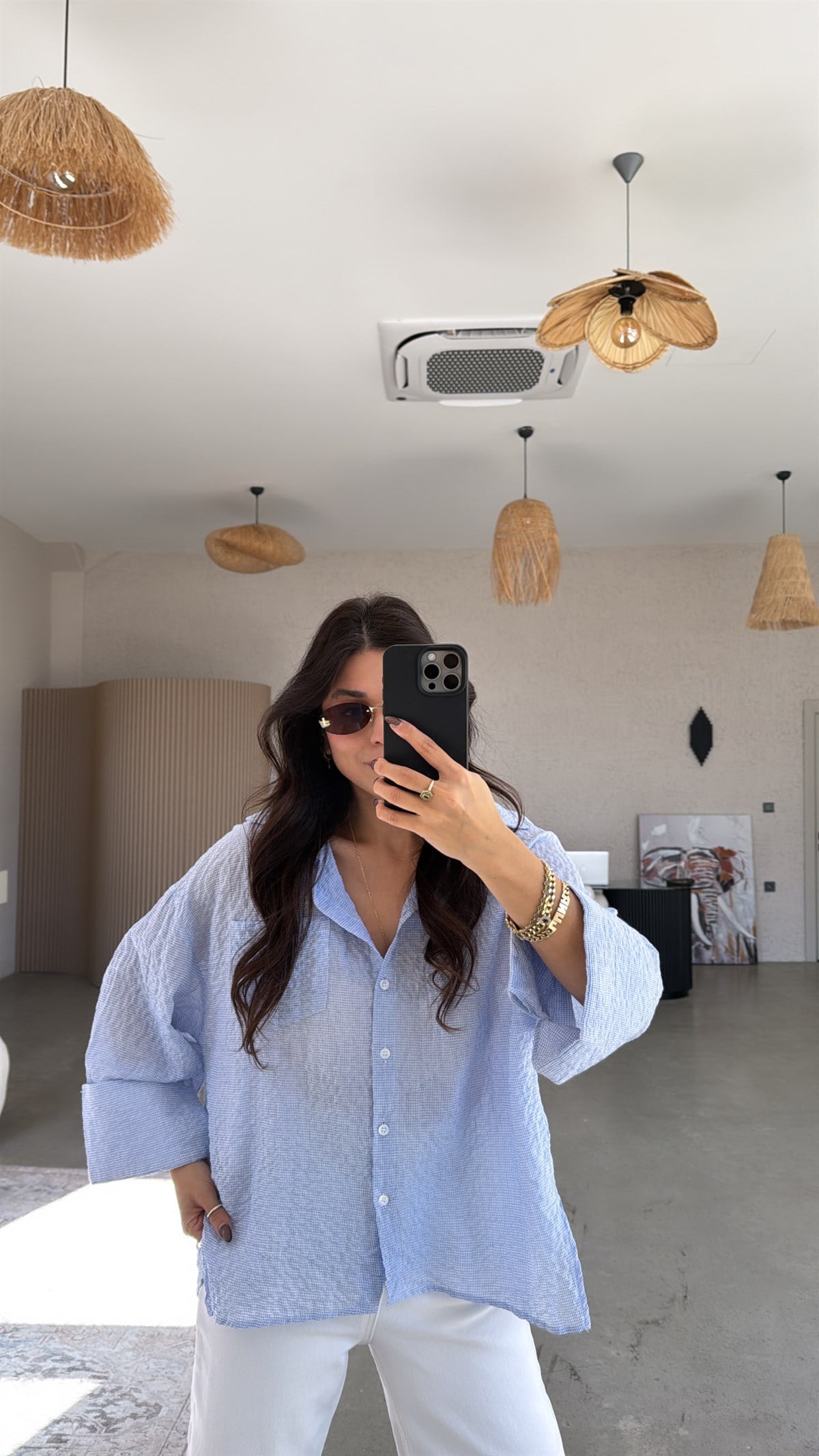 Mavi Mini Kareli Pamuk Dokuma Gömlek