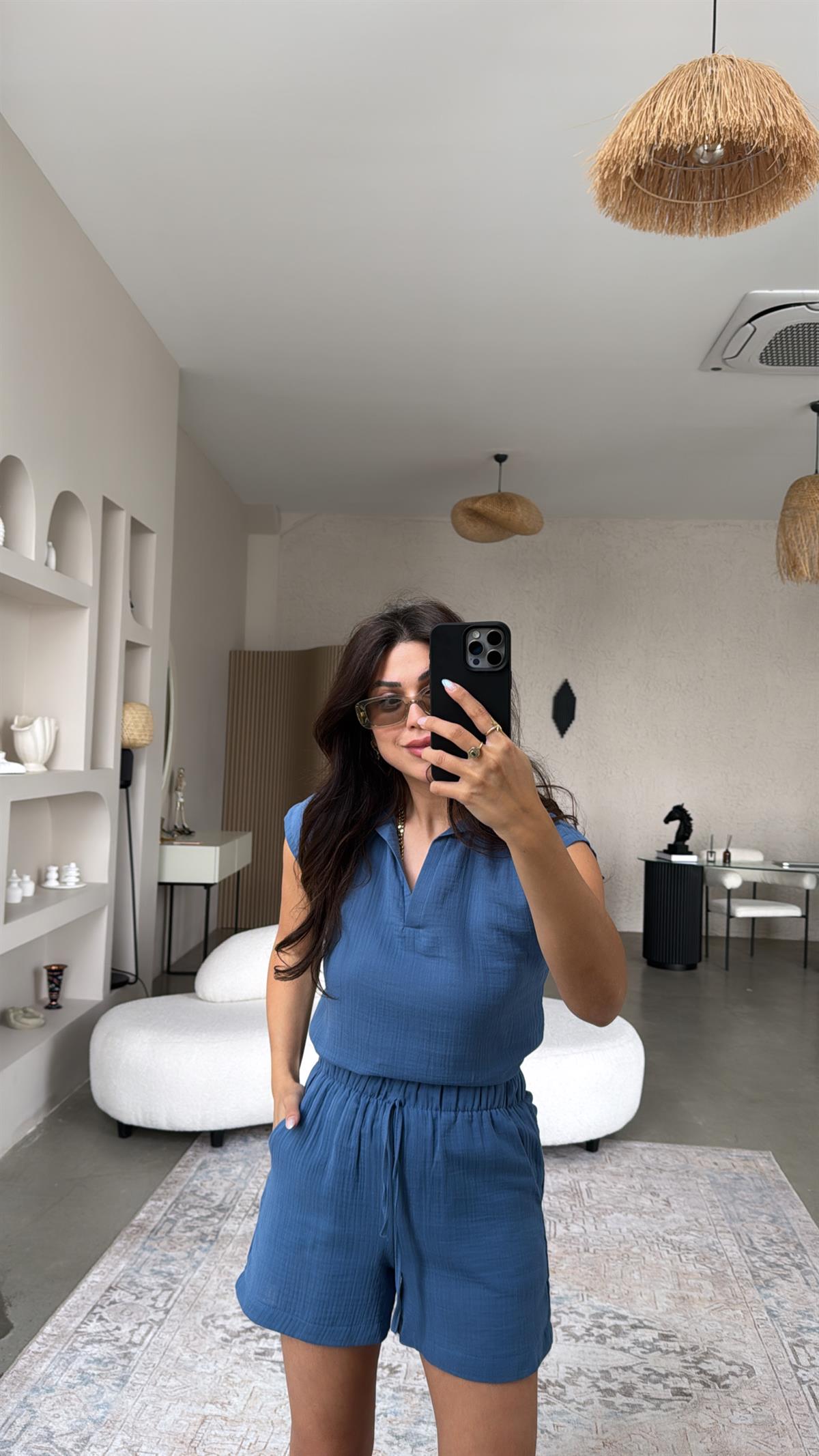 Mavi Müslin Şortlu Takım