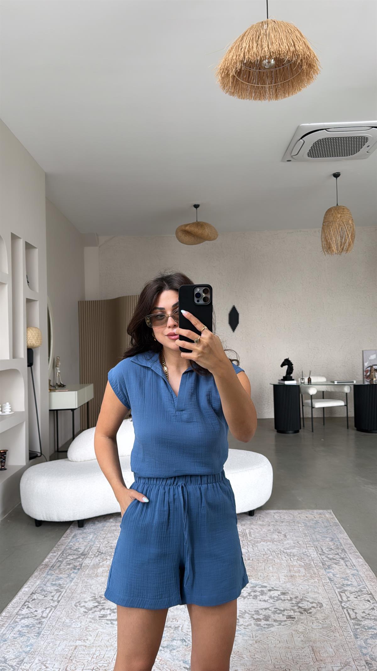 Mavi Müslin Şortlu Takım