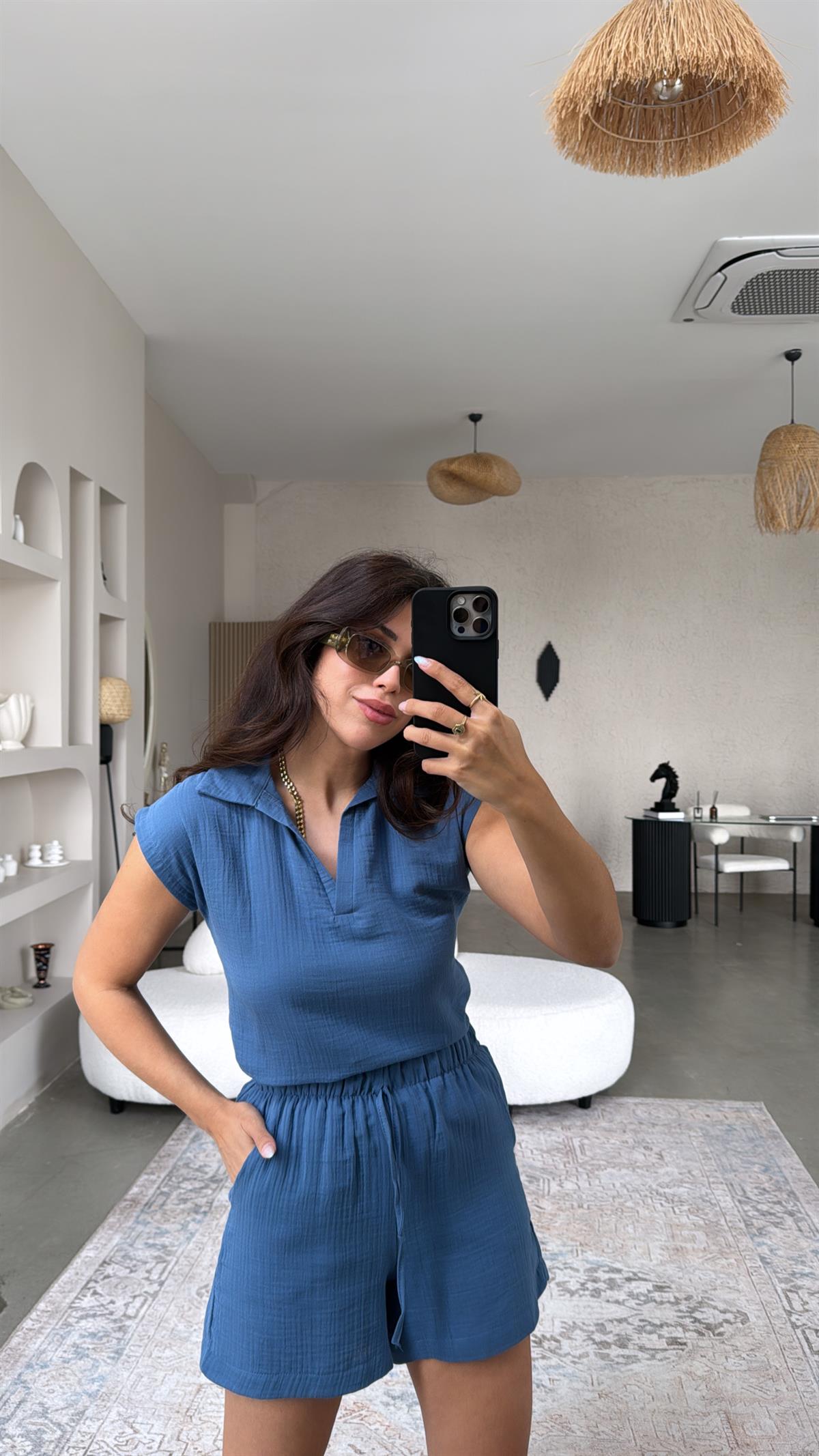 Mavi Müslin Şortlu Takım