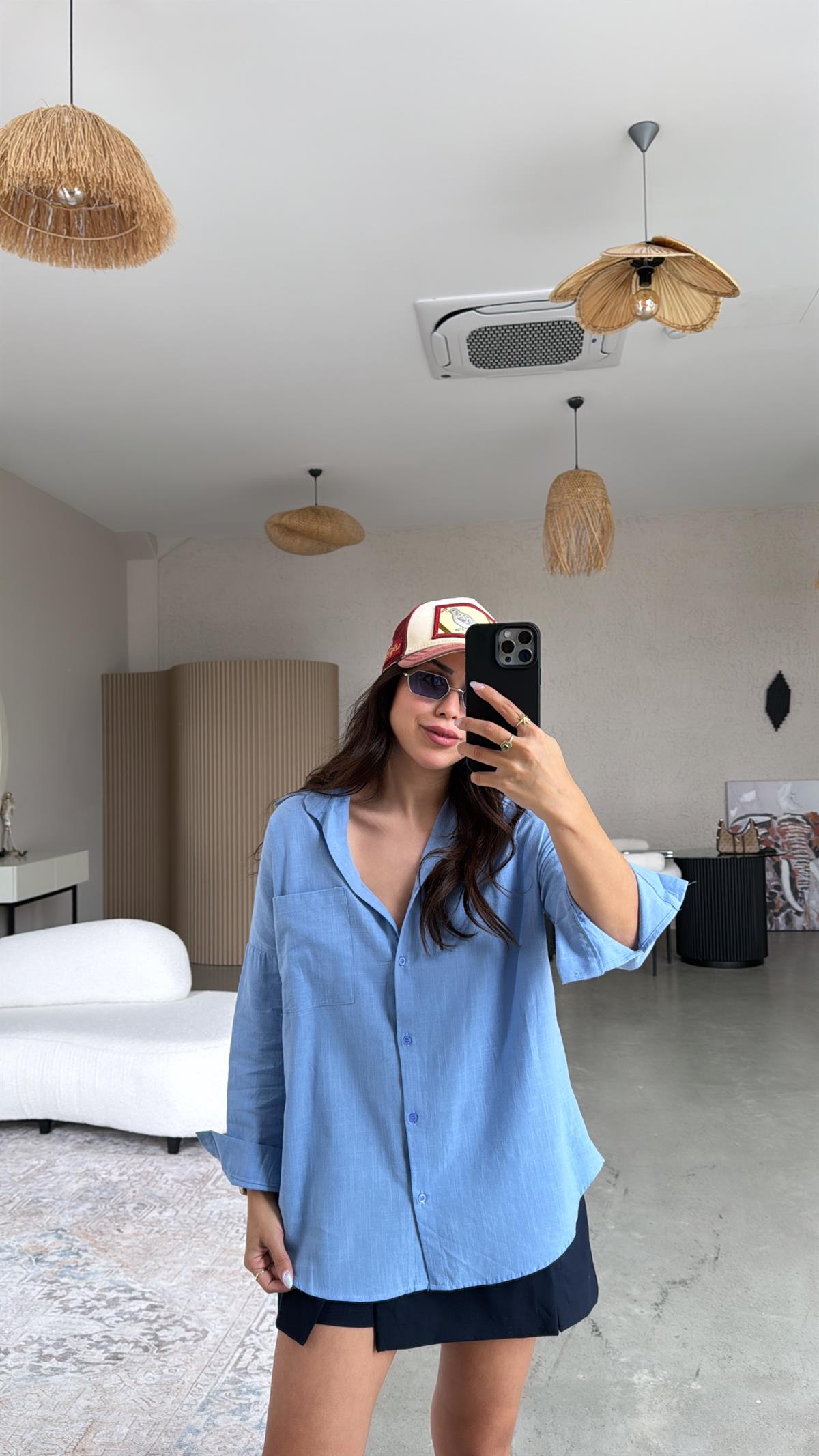 Mavi Tek Cepli Keten Gömlek