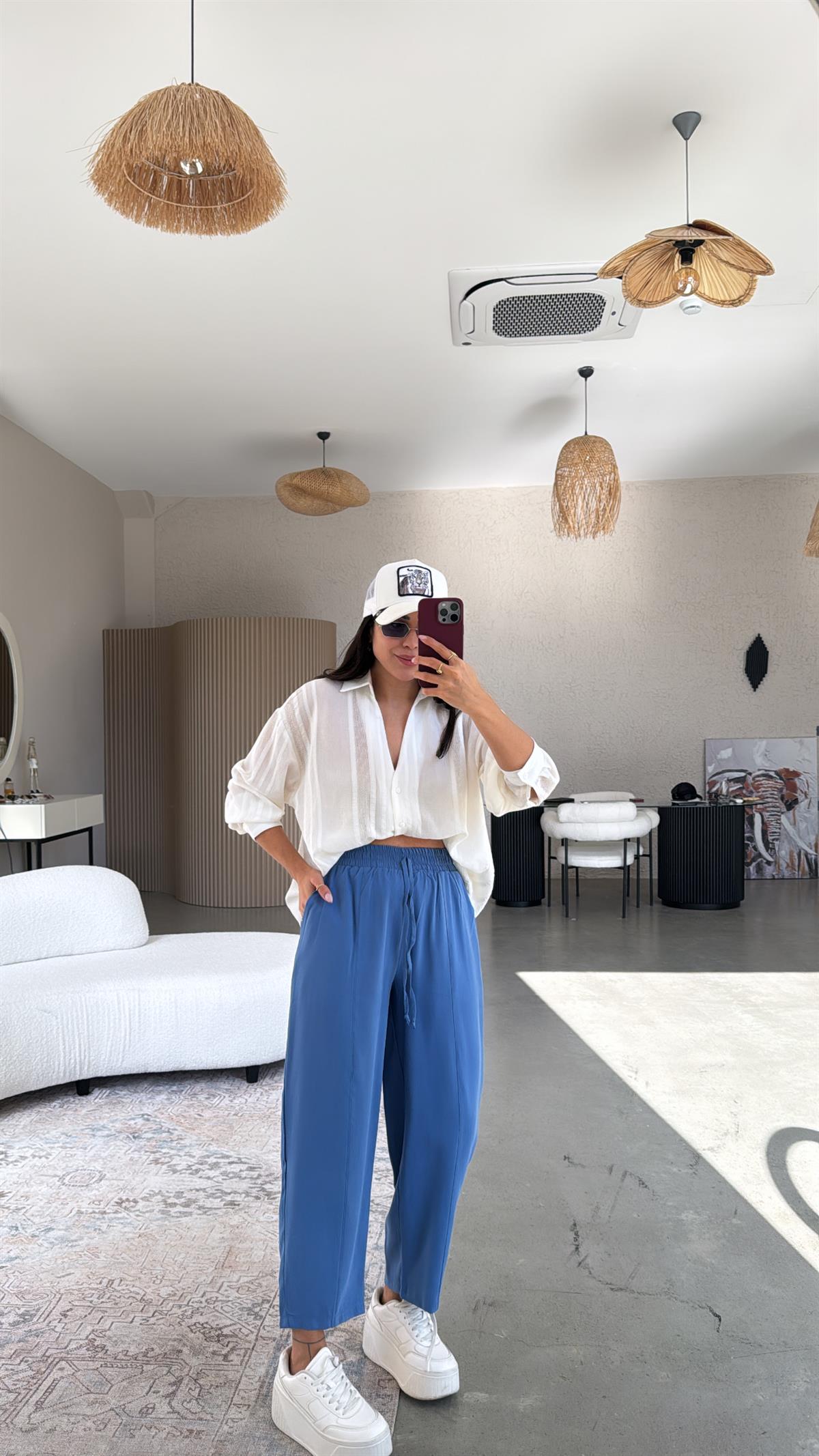 Mavi Tensel Çımalı Pantolon