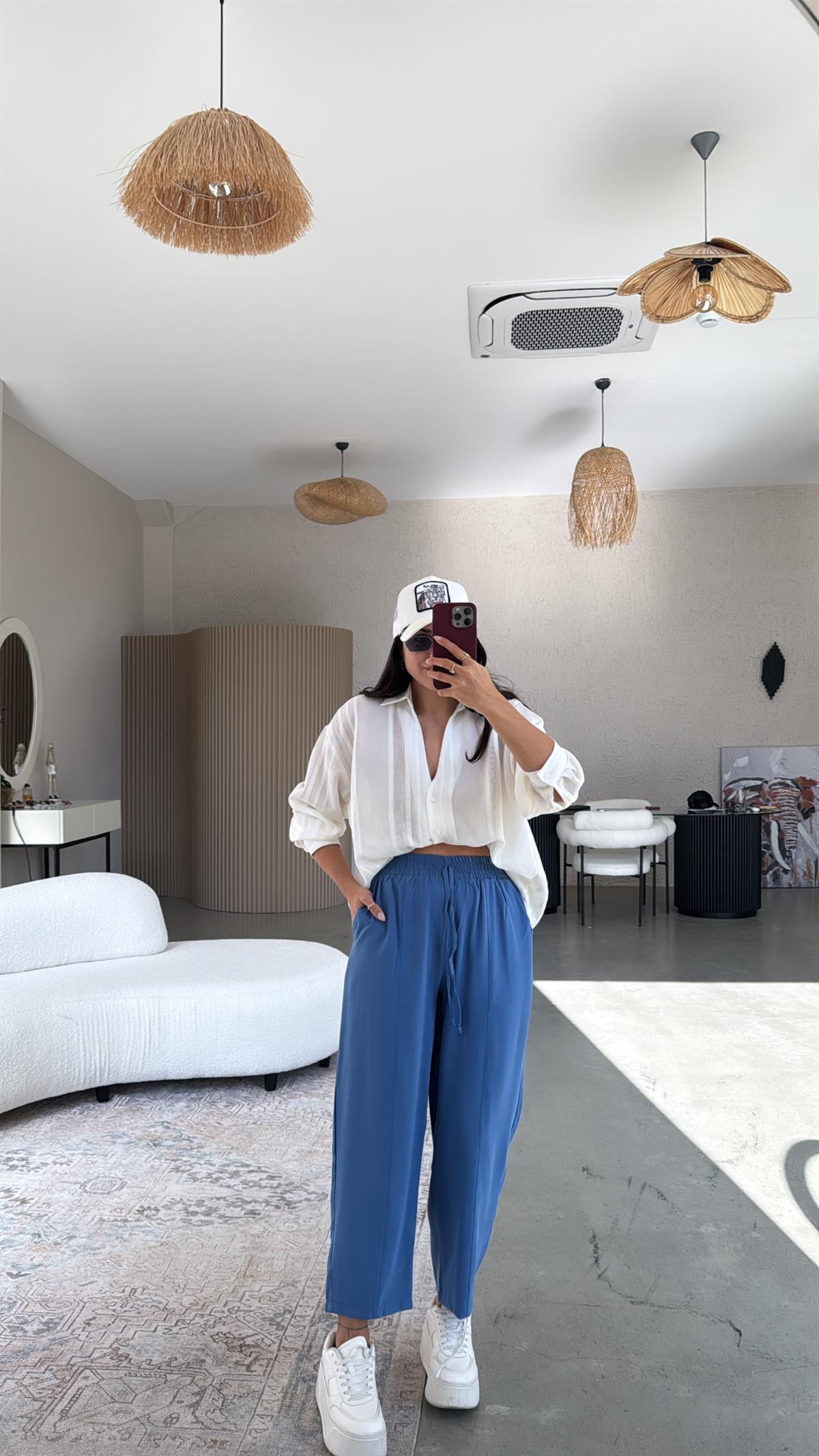 Mavi Tensel Çımalı Pantolon