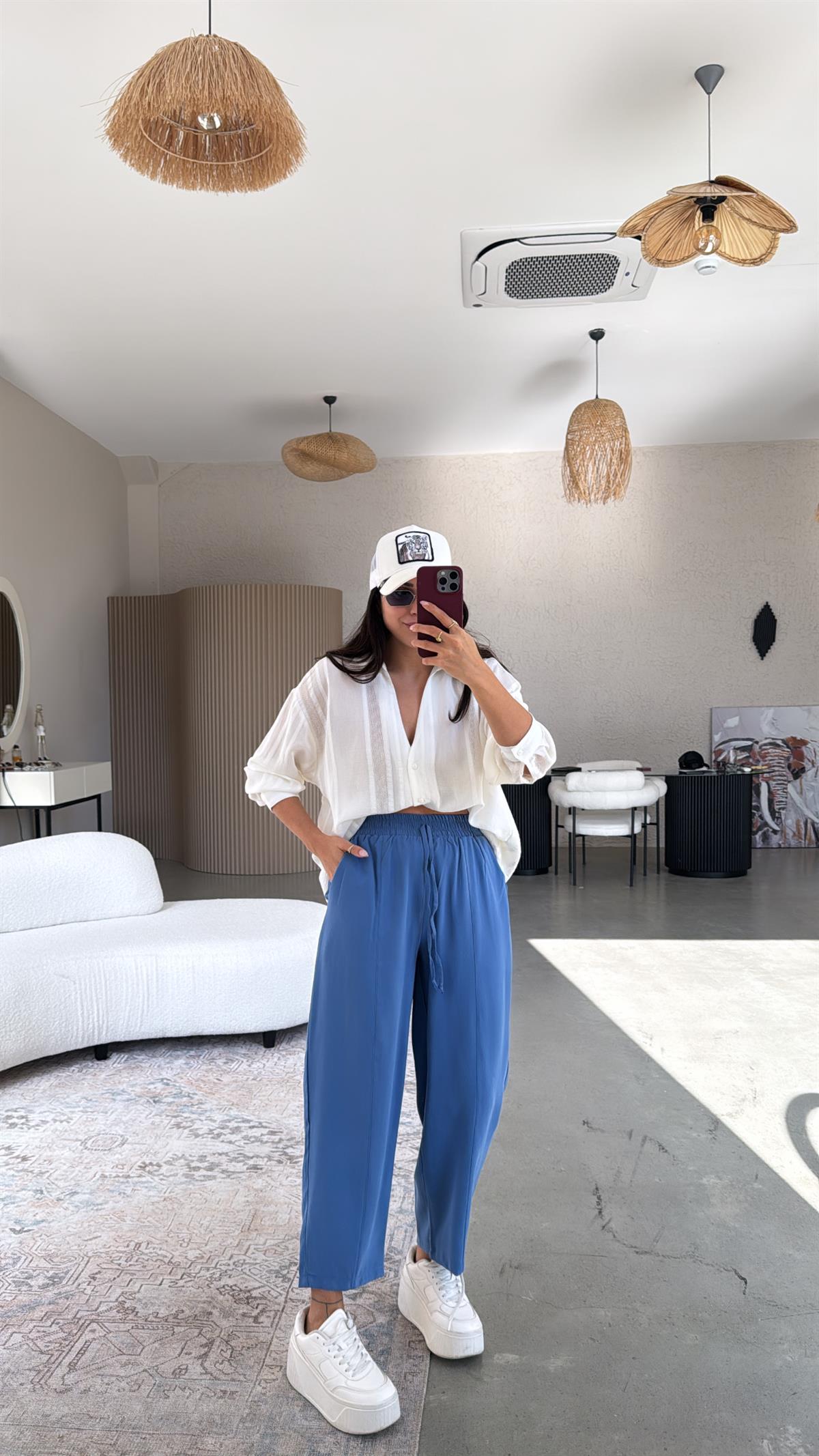 Mavi Tensel Çımalı Pantolon