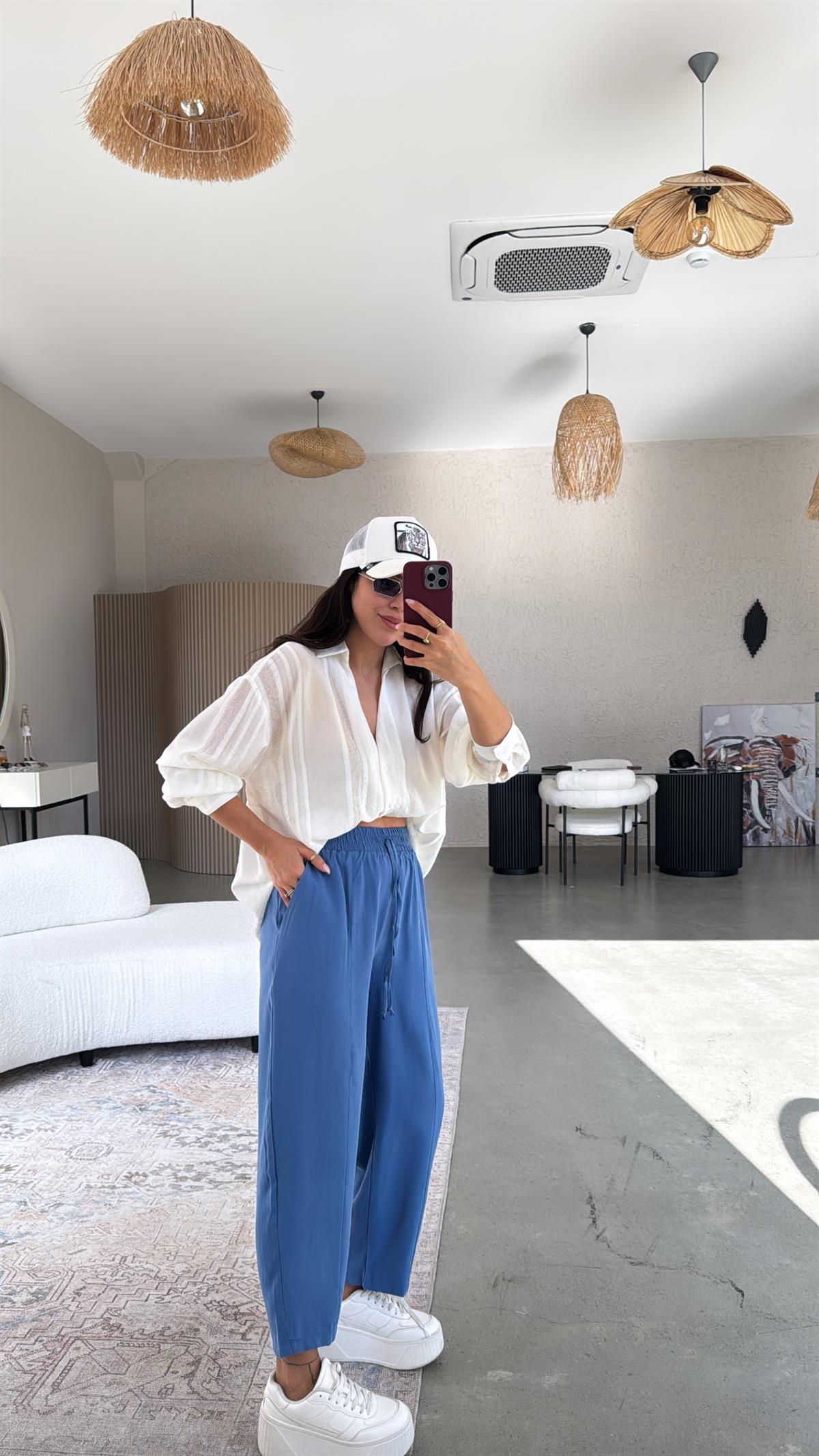 Mavi Tensel Çımalı Pantolon