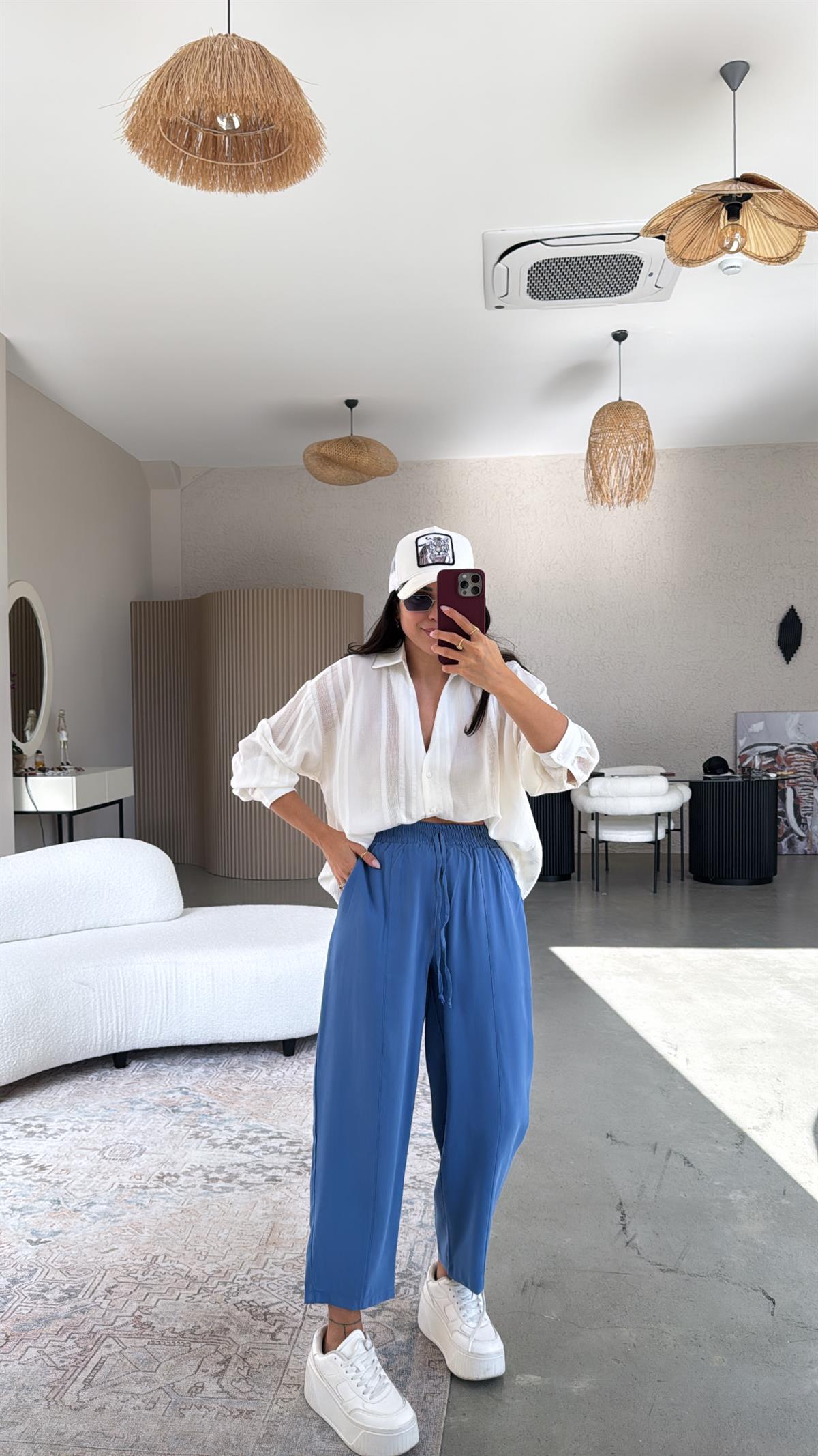 Mavi Tensel Çımalı Pantolon