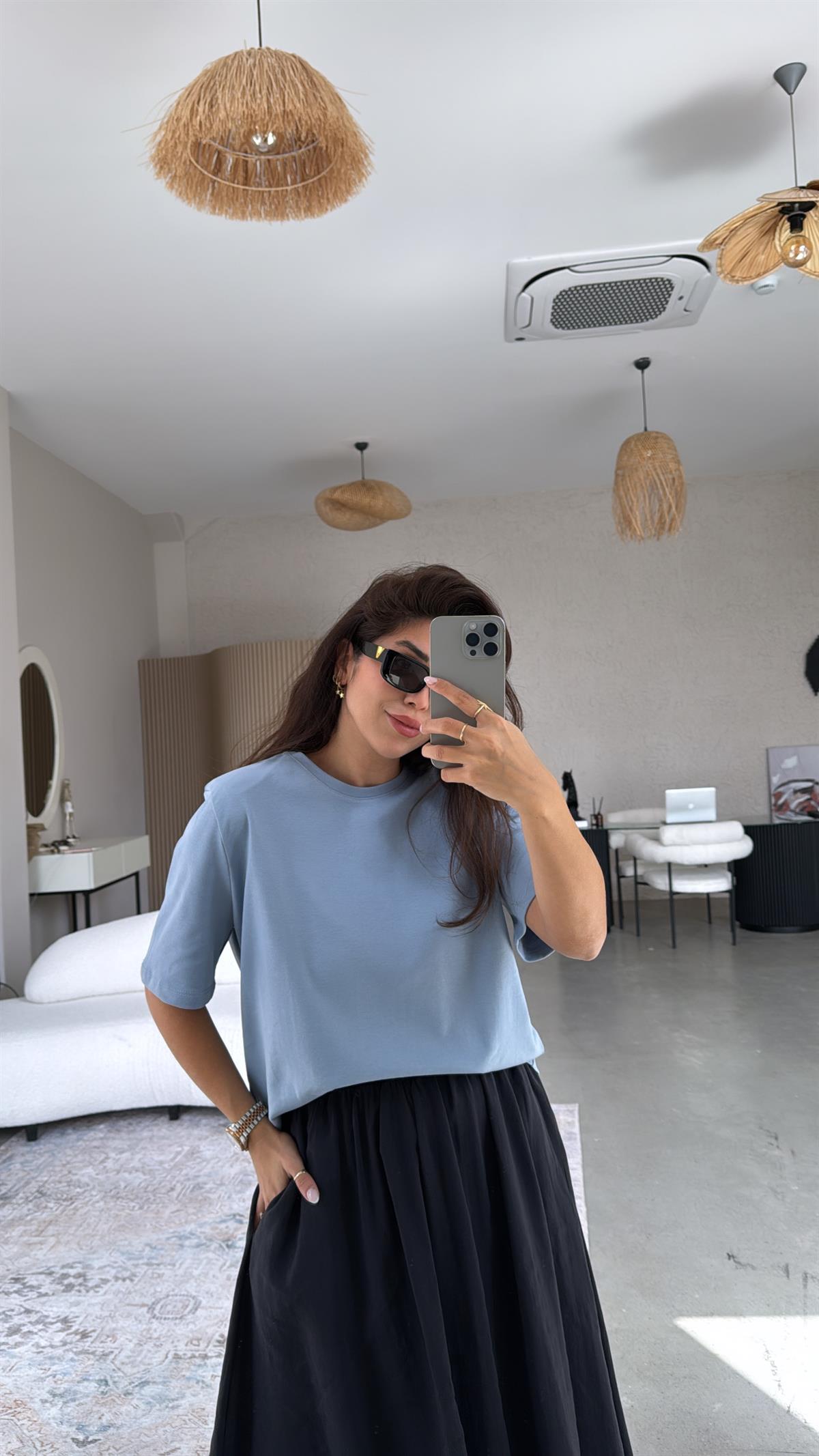 Mavi Vatkalı Pamuk Basic Tshirt