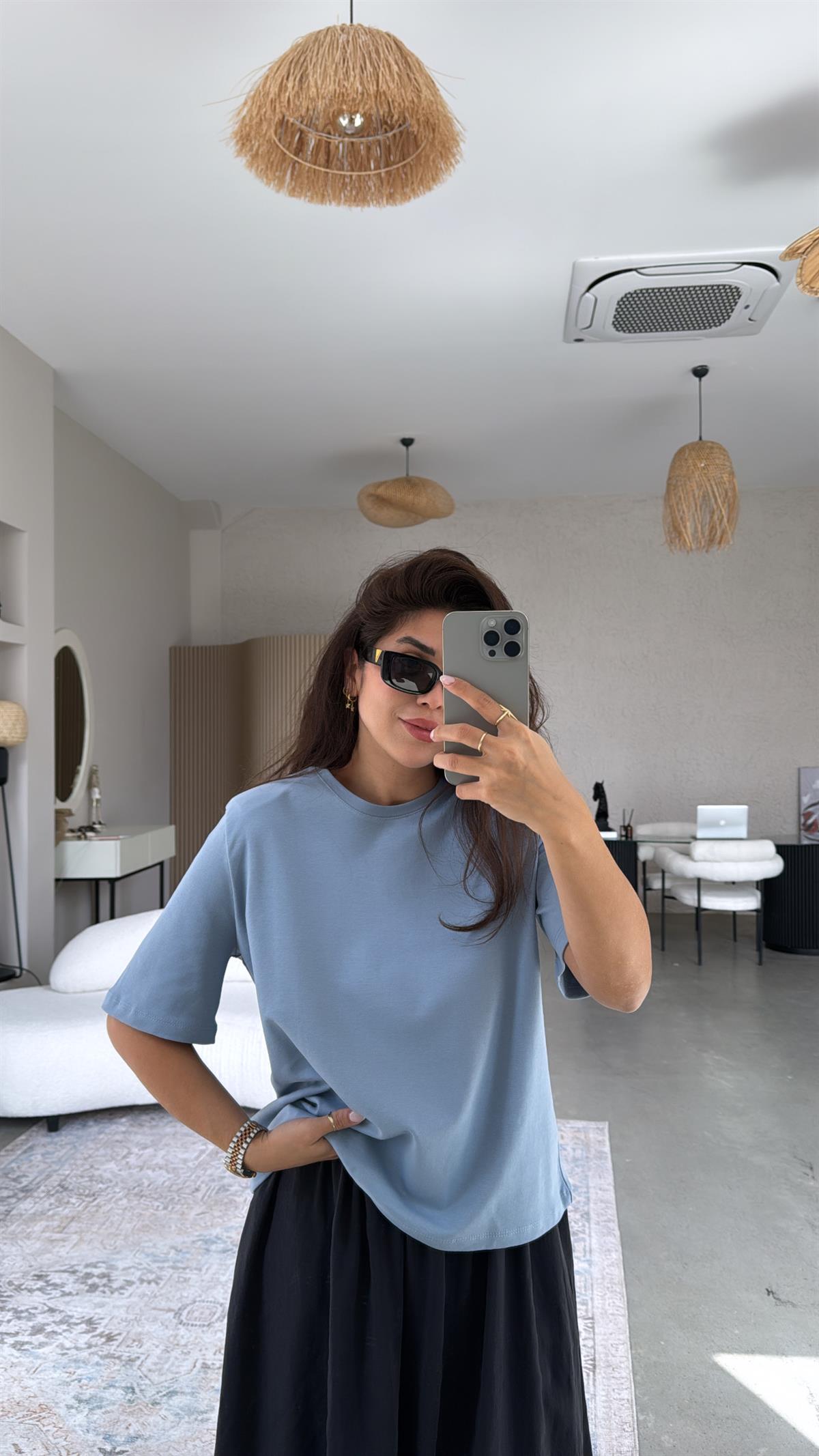 Mavi Vatkalı Pamuk Basic Tshirt