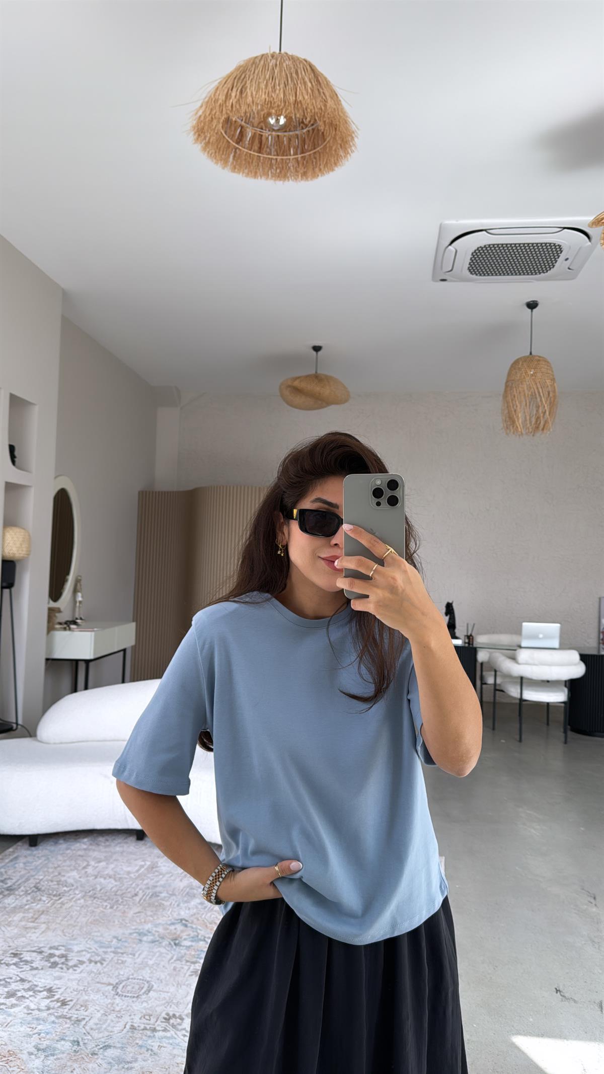 Mavi Vatkalı Pamuk Basic Tshirt