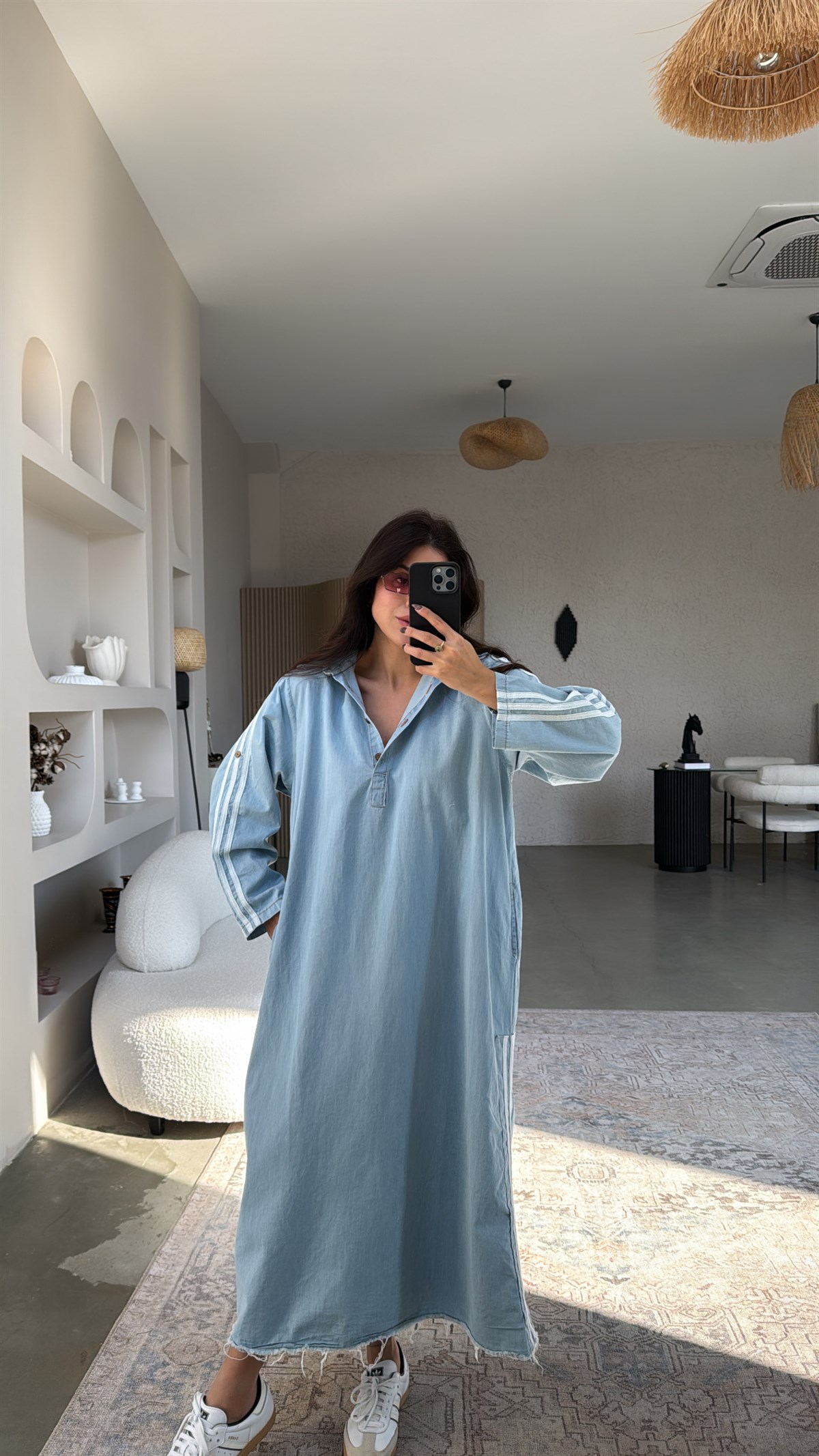 Mavi Yıkamalı Tensel Kumaş Oversize Salaş Elbise