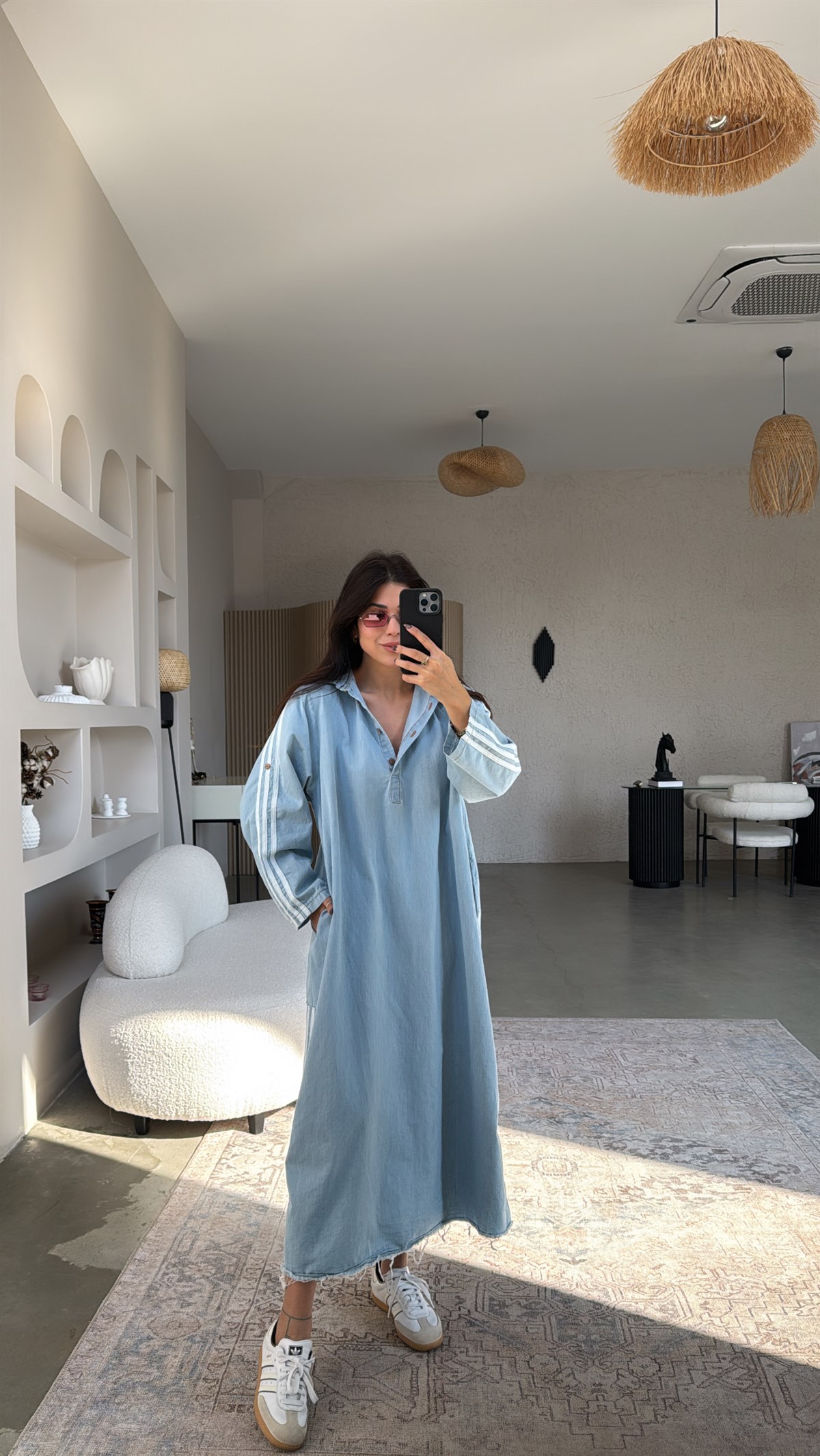 Mavi Yıkamalı Tensel Kumaş Oversize Salaş Elbise
