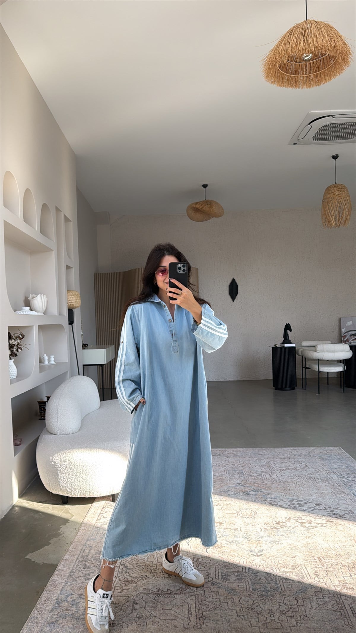 Mavi Yıkamalı Tensel Kumaş Oversize Salaş Elbise