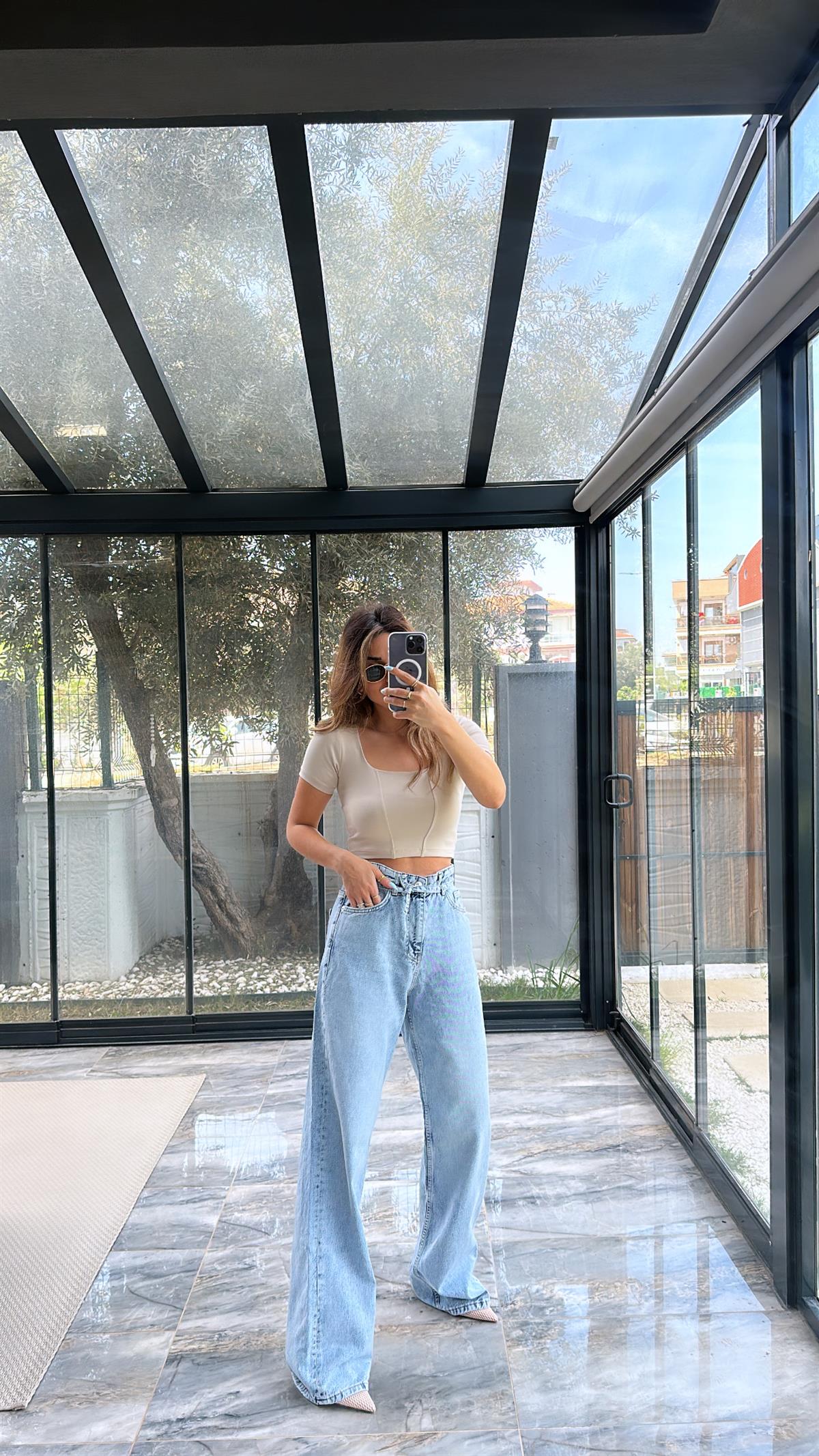 Mavi ZR Bol Paça Kuşaklı Jean
