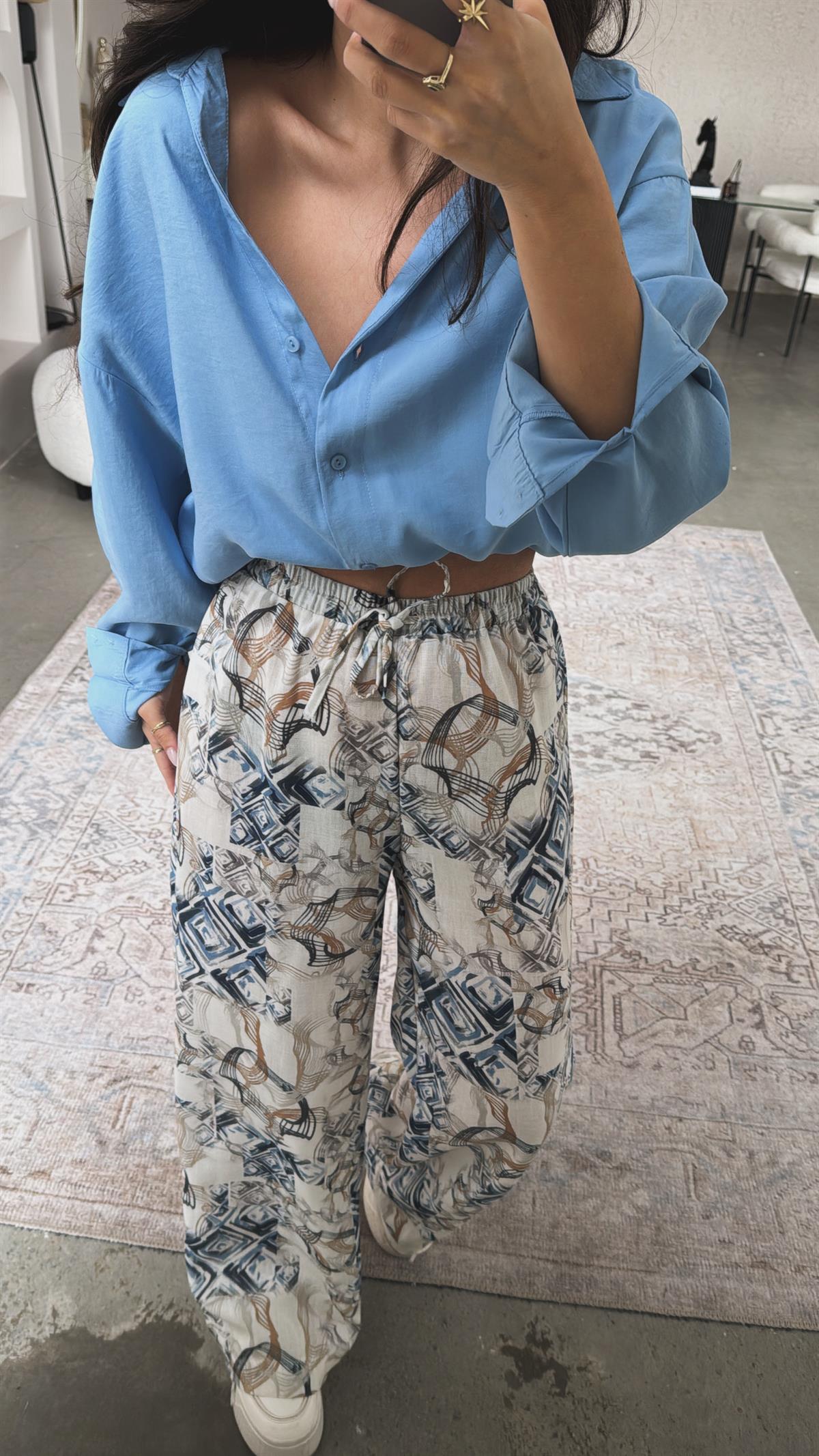 Mavili Karışık Desenli Lastikli Keten Pantolon