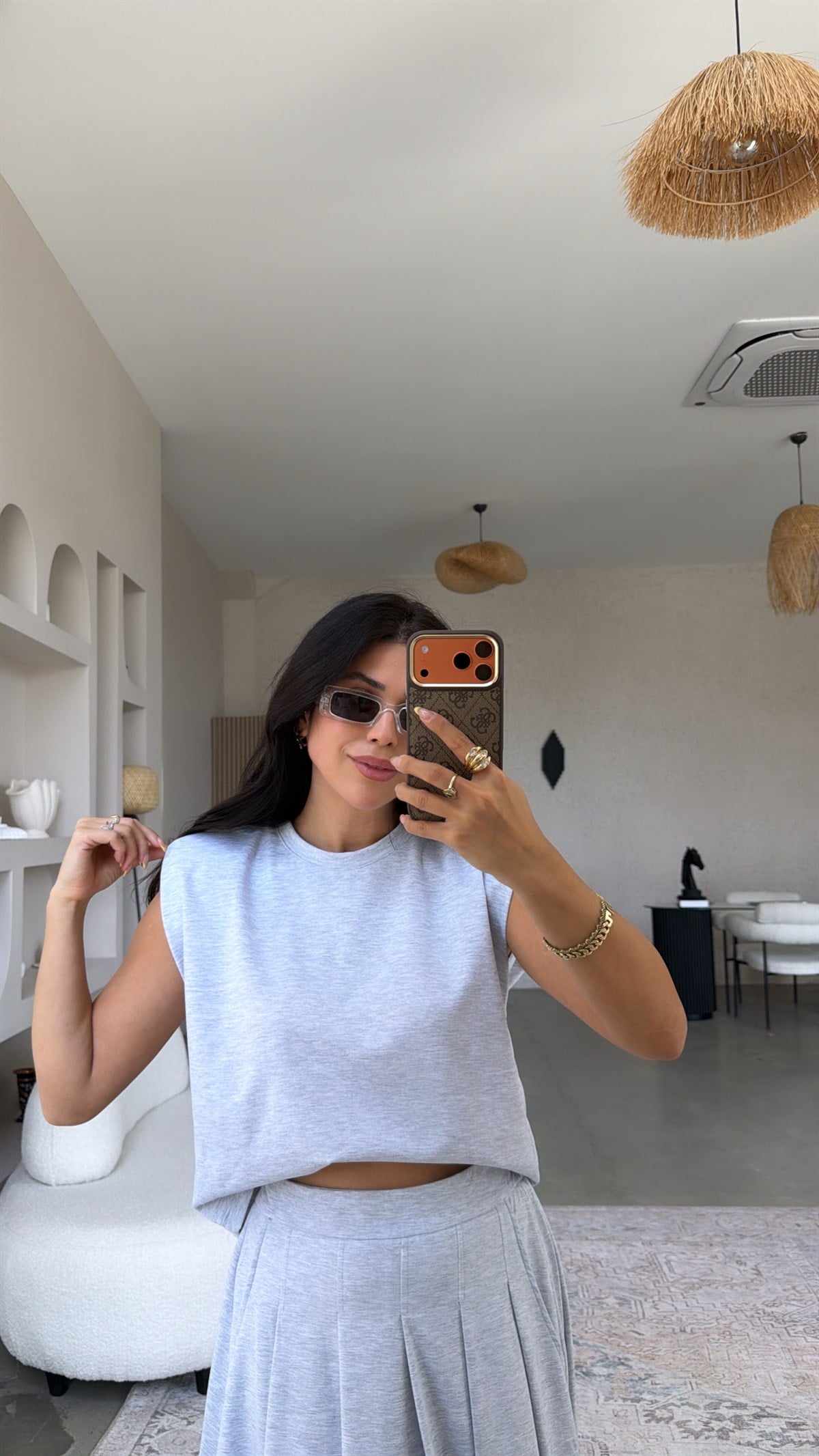Melanj Vatkalı Etek Bluz Takım