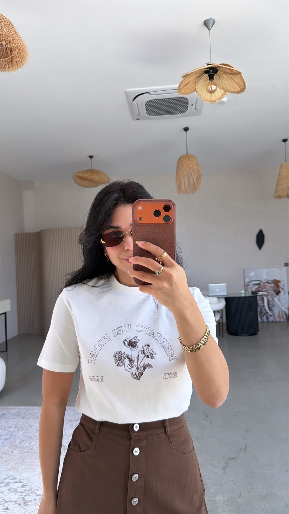 Mercato Dei Flori Kahve Çiçekli Pamuklu Tshirt