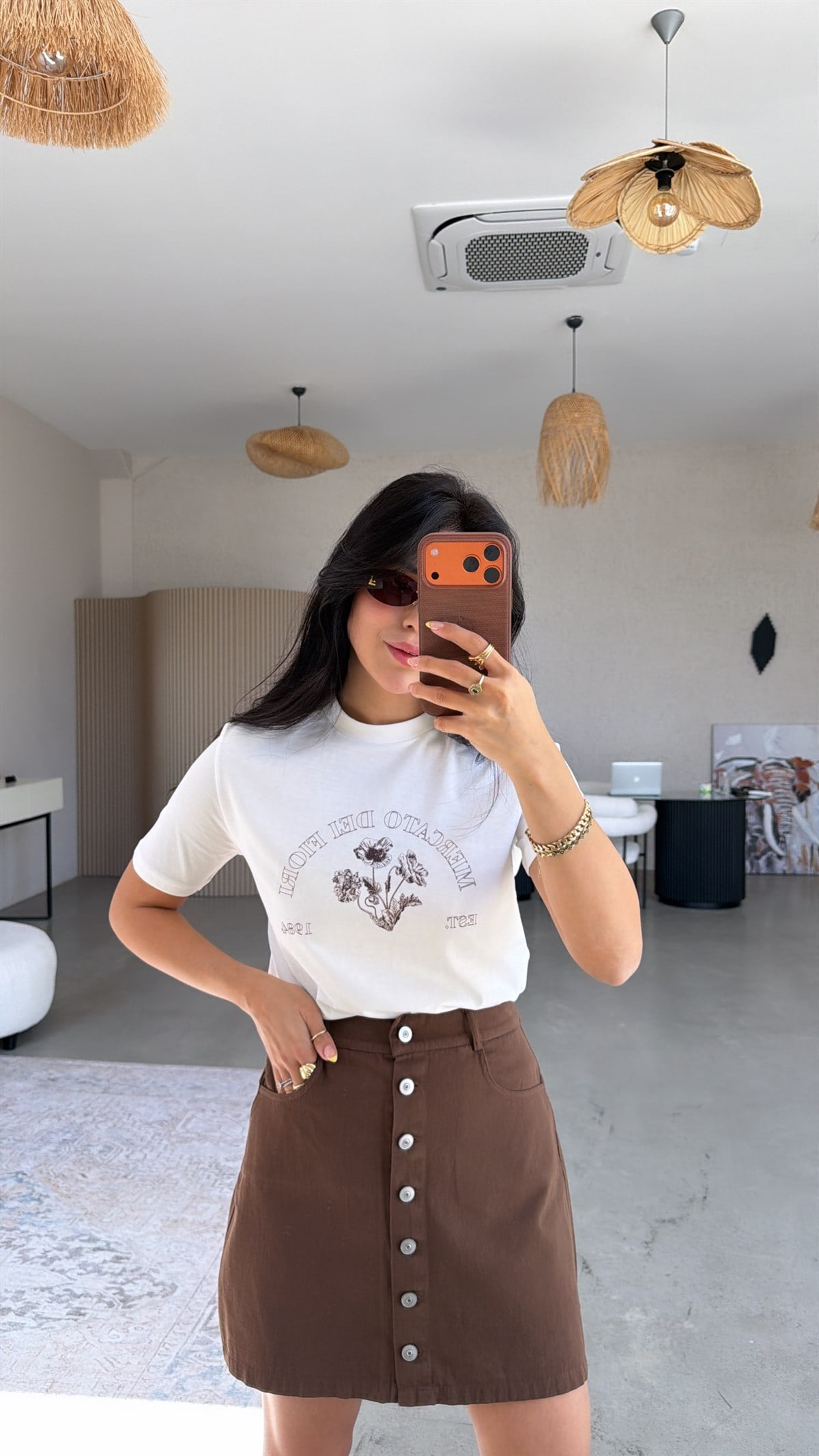 Mercato Dei Flori Kahve Çiçekli Pamuklu Tshirt