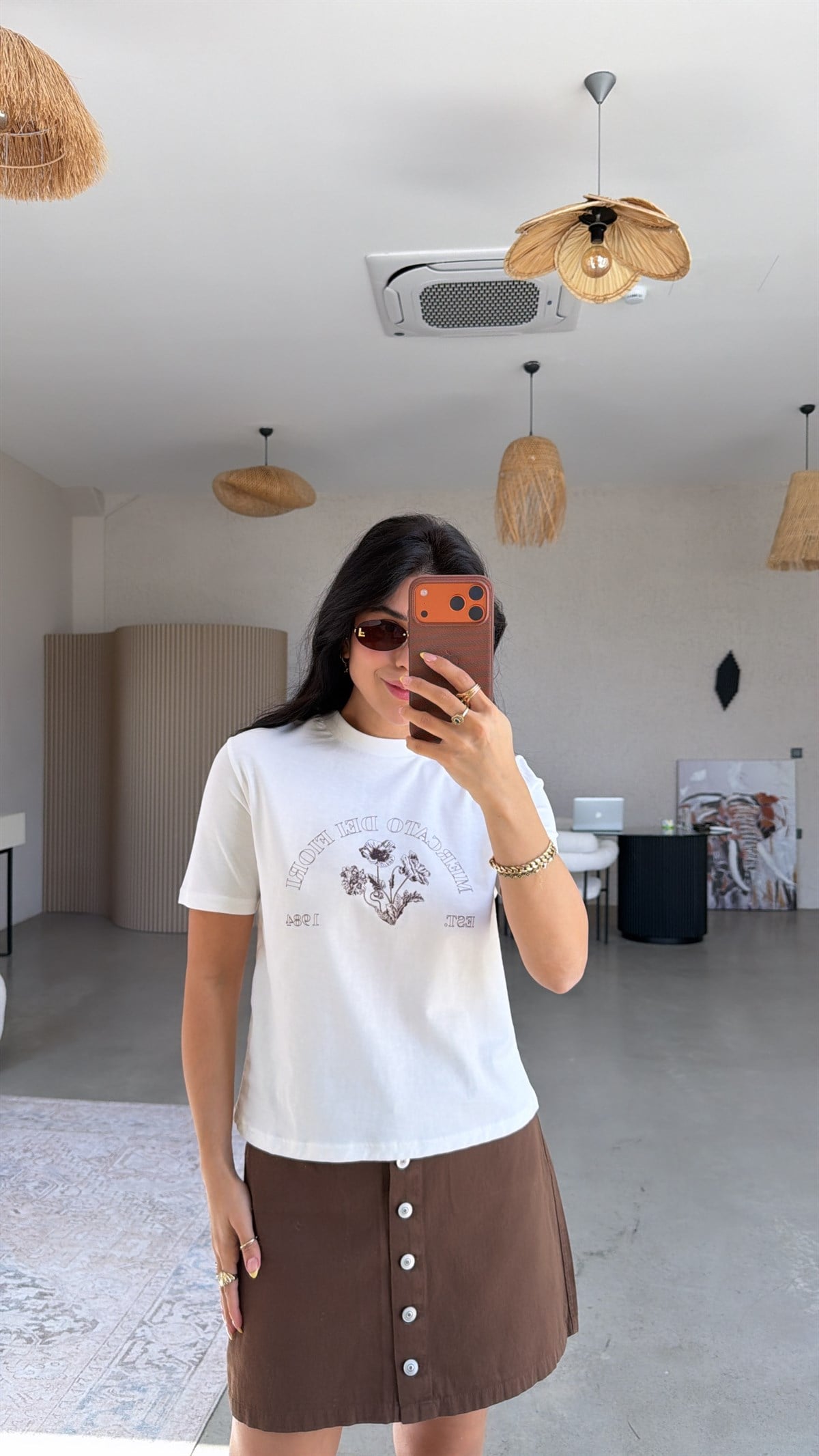 Mercato Dei Flori Kahve Çiçekli Pamuklu Tshirt