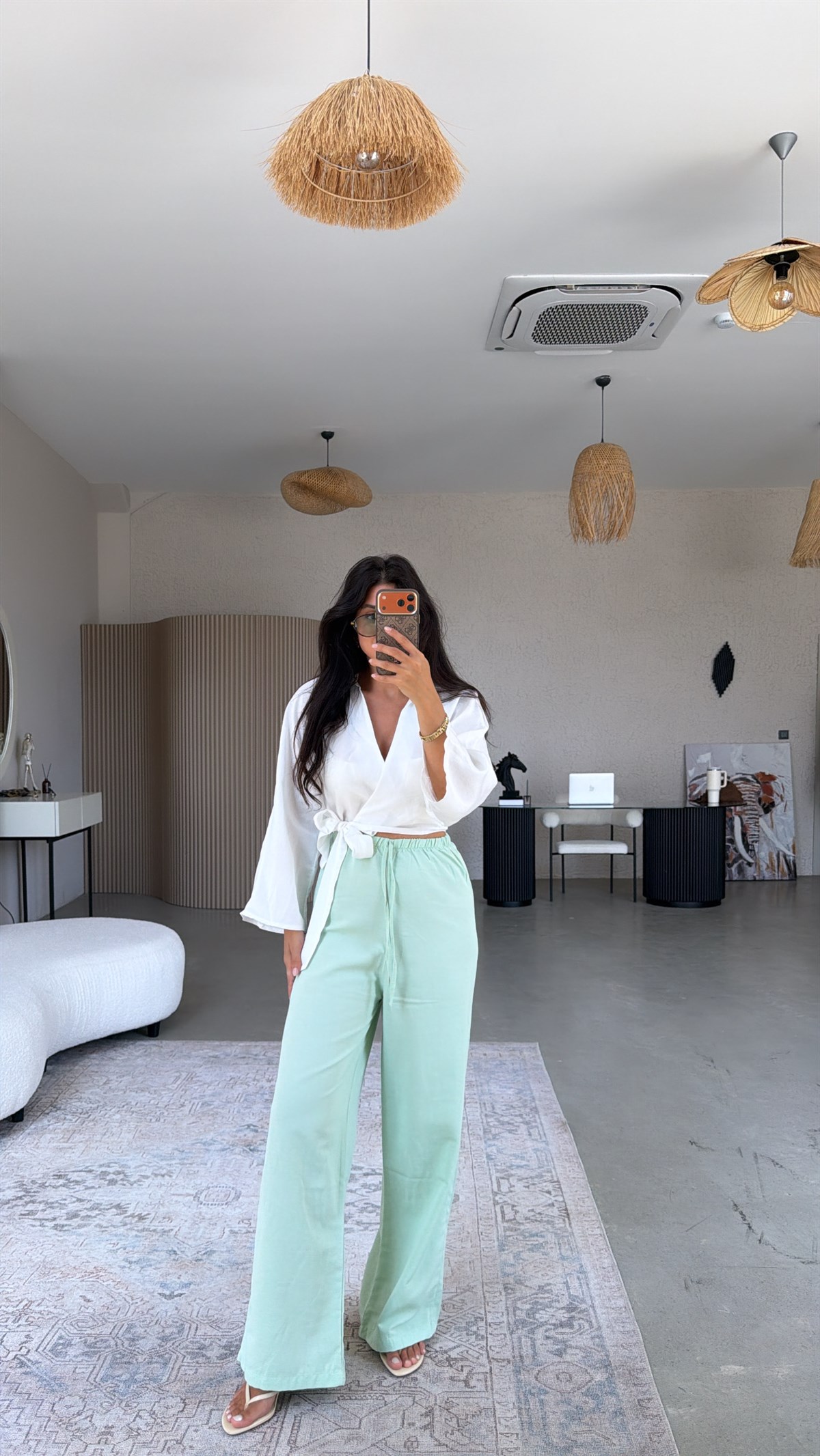 Mint Keten Karışımlı Basic Bol Paça Pantolon