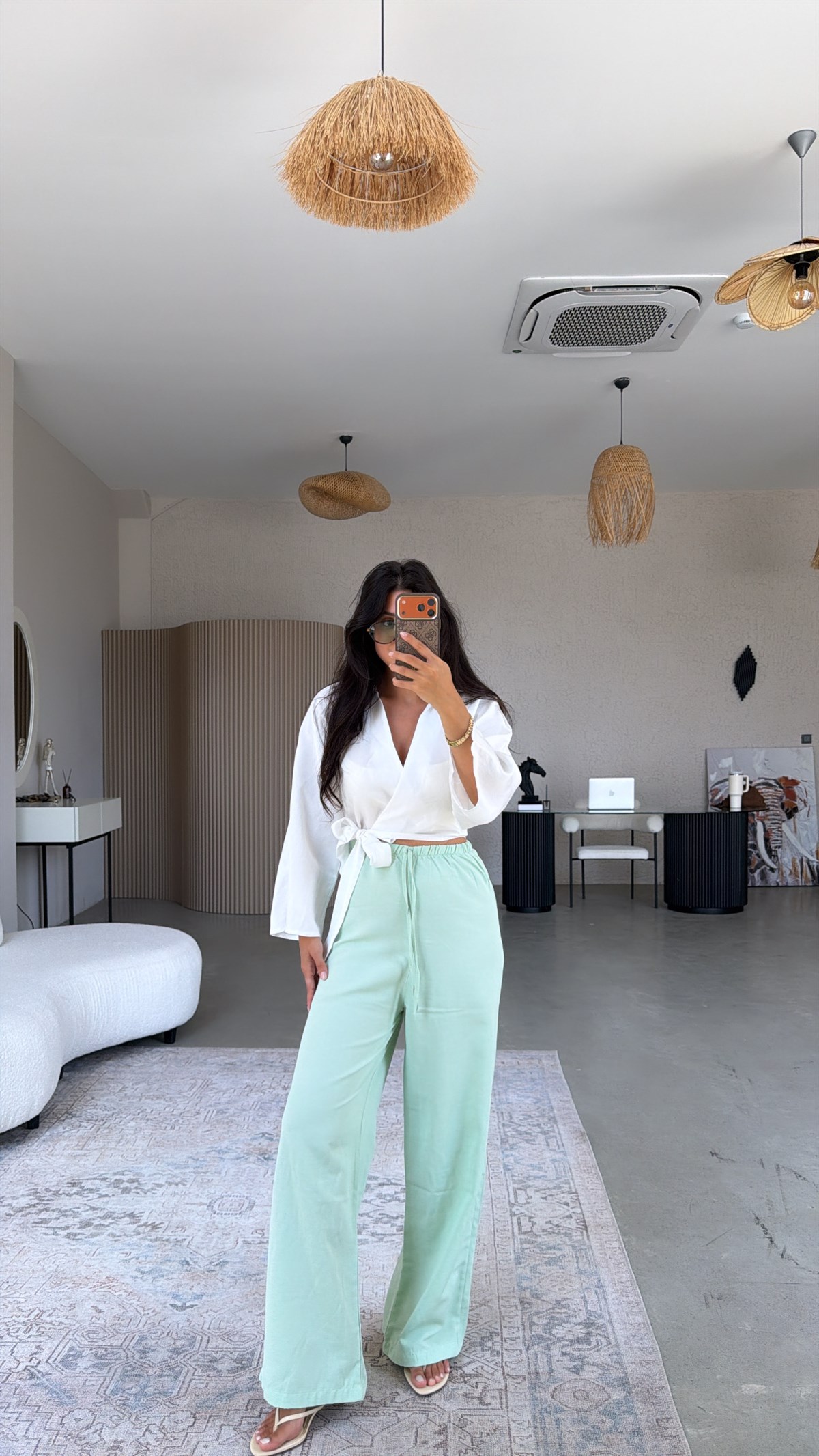 Mint Keten Karışımlı Basic Bol Paça Pantolon