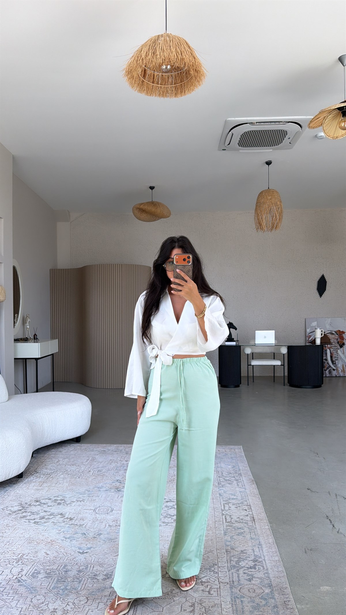 Mint Keten Karışımlı Basic Bol Paça Pantolon