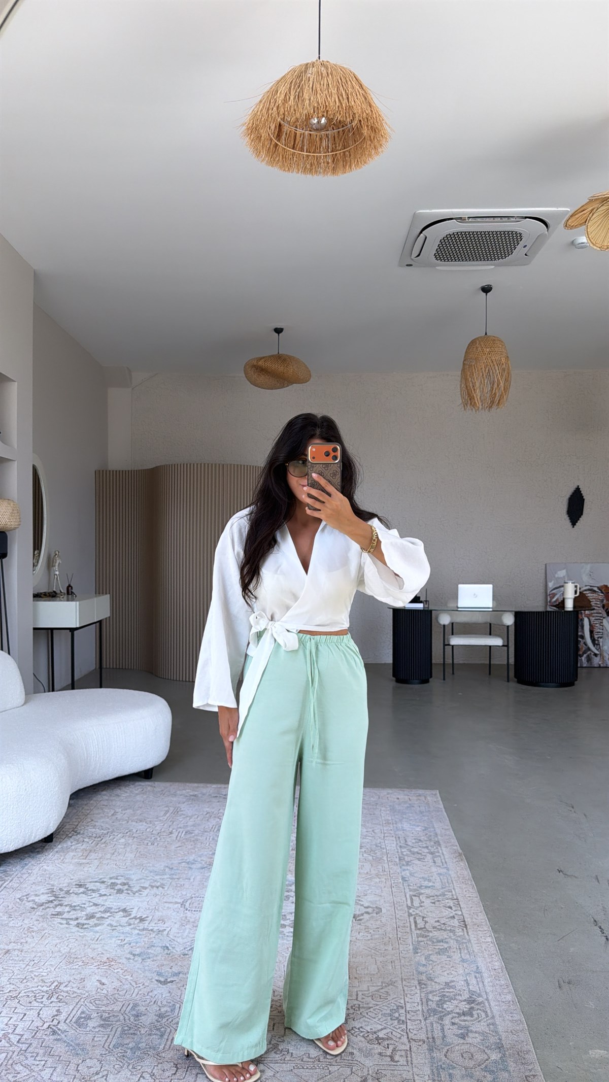 Mint Keten Karışımlı Basic Bol Paça Pantolon