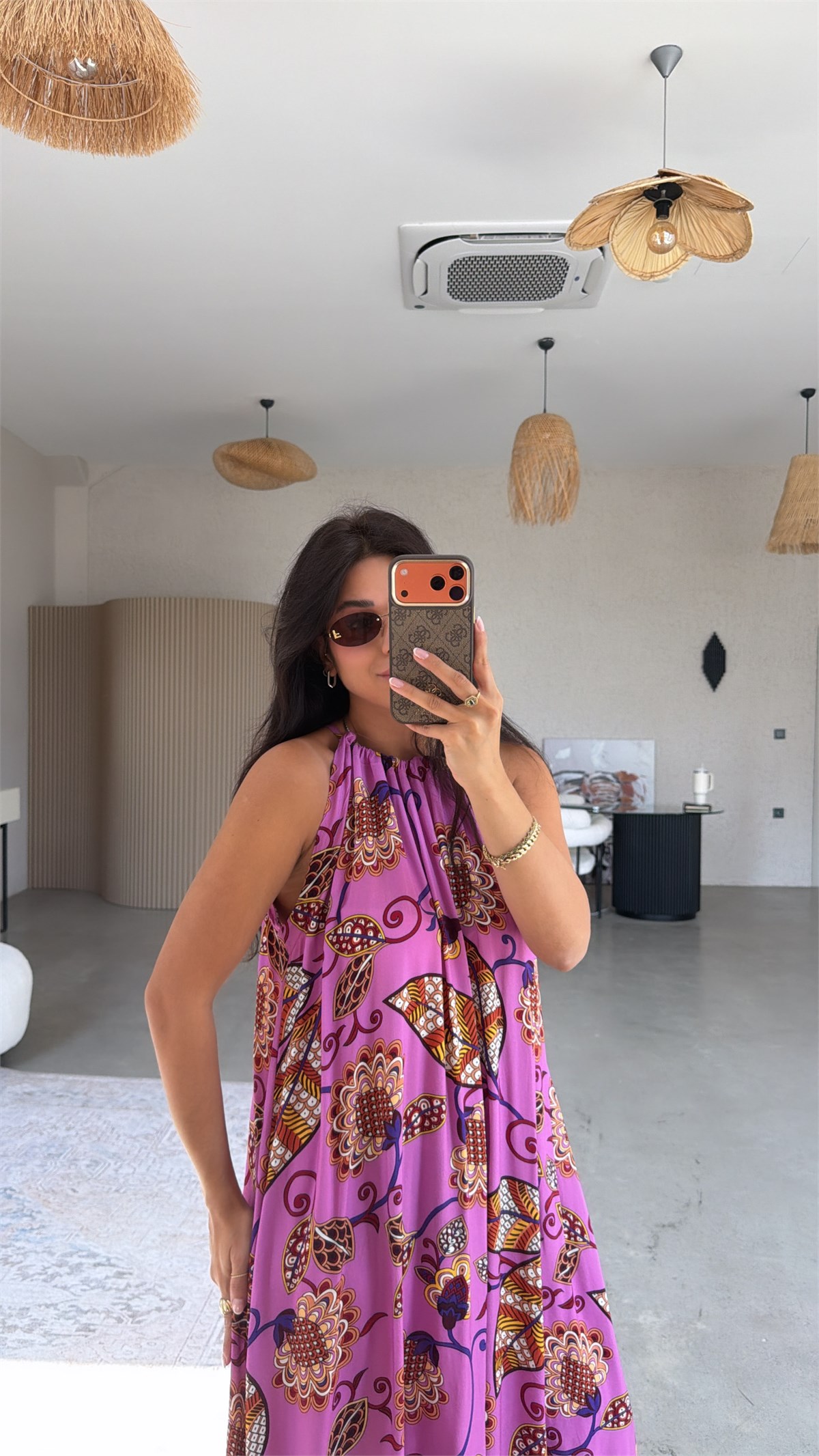 Mor Çiçekli Halter Yaka Viskon Elbise