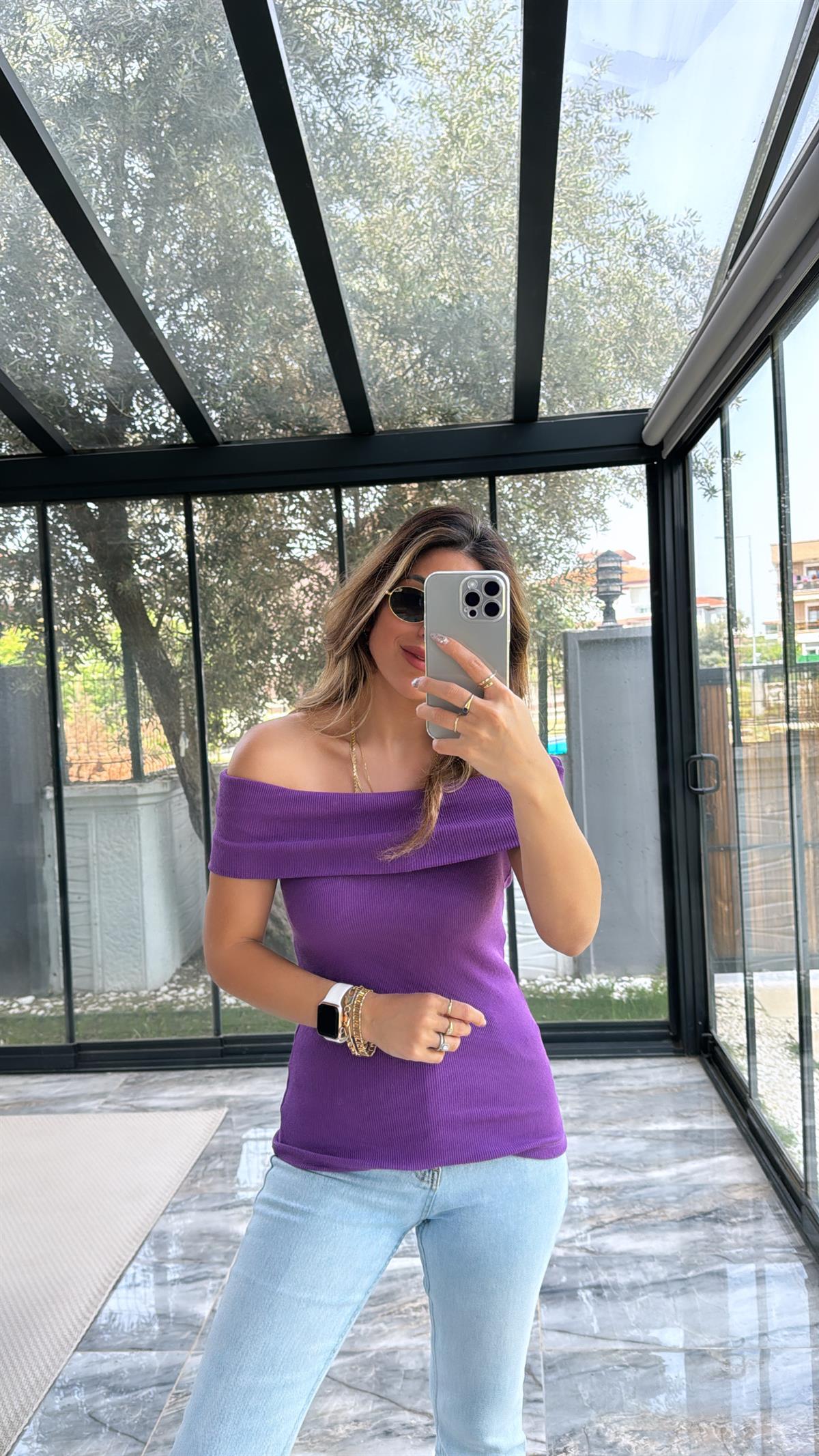 Mor Madonna Kısa Kol Bluz